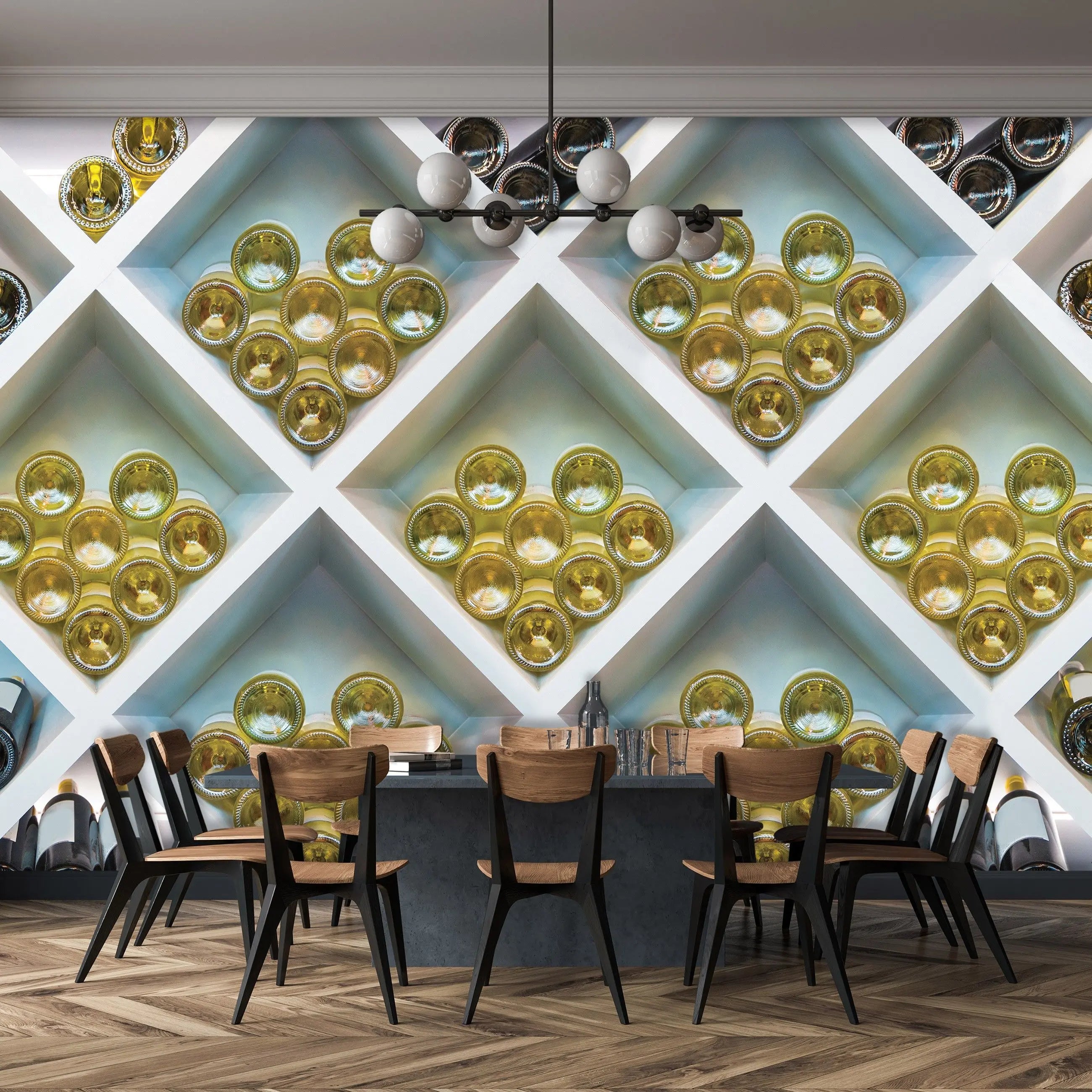 Billede 12 af Fototapet - Flasker af champagne og rødvin i hvid træhylde