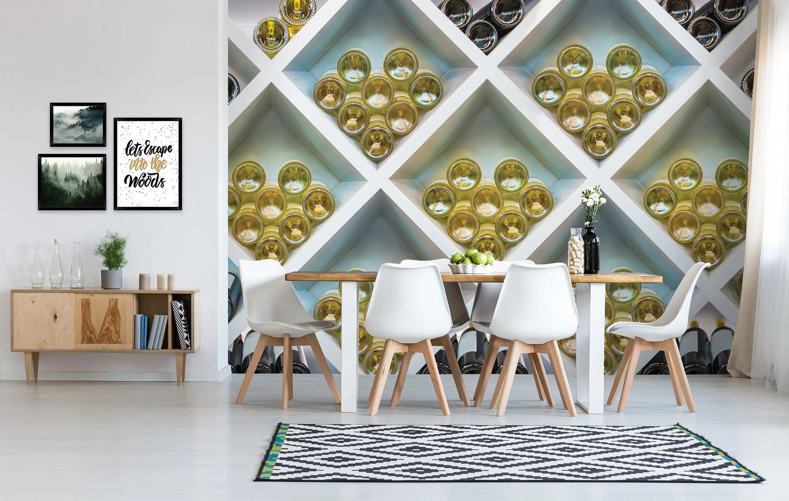 Billede 9 af Fototapet - Flasker af champagne og rødvin i hvid træhylde