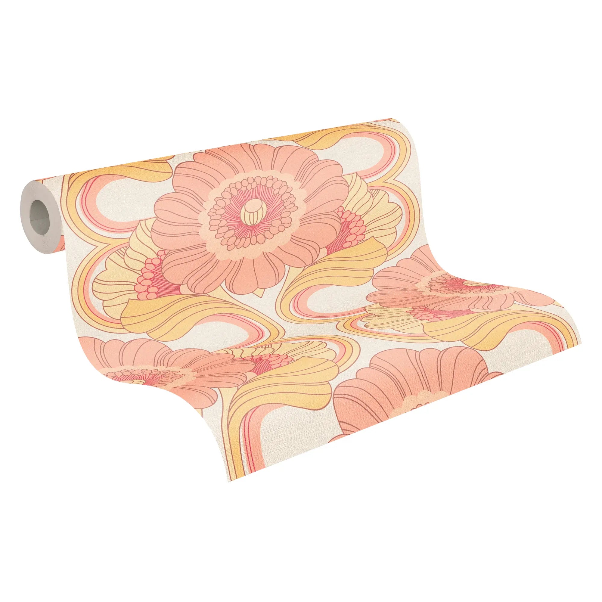 Billede af en tapetrulle med Florence - Rosy Whisper design, viser det varierede mønster med rosa og gule nuancer.