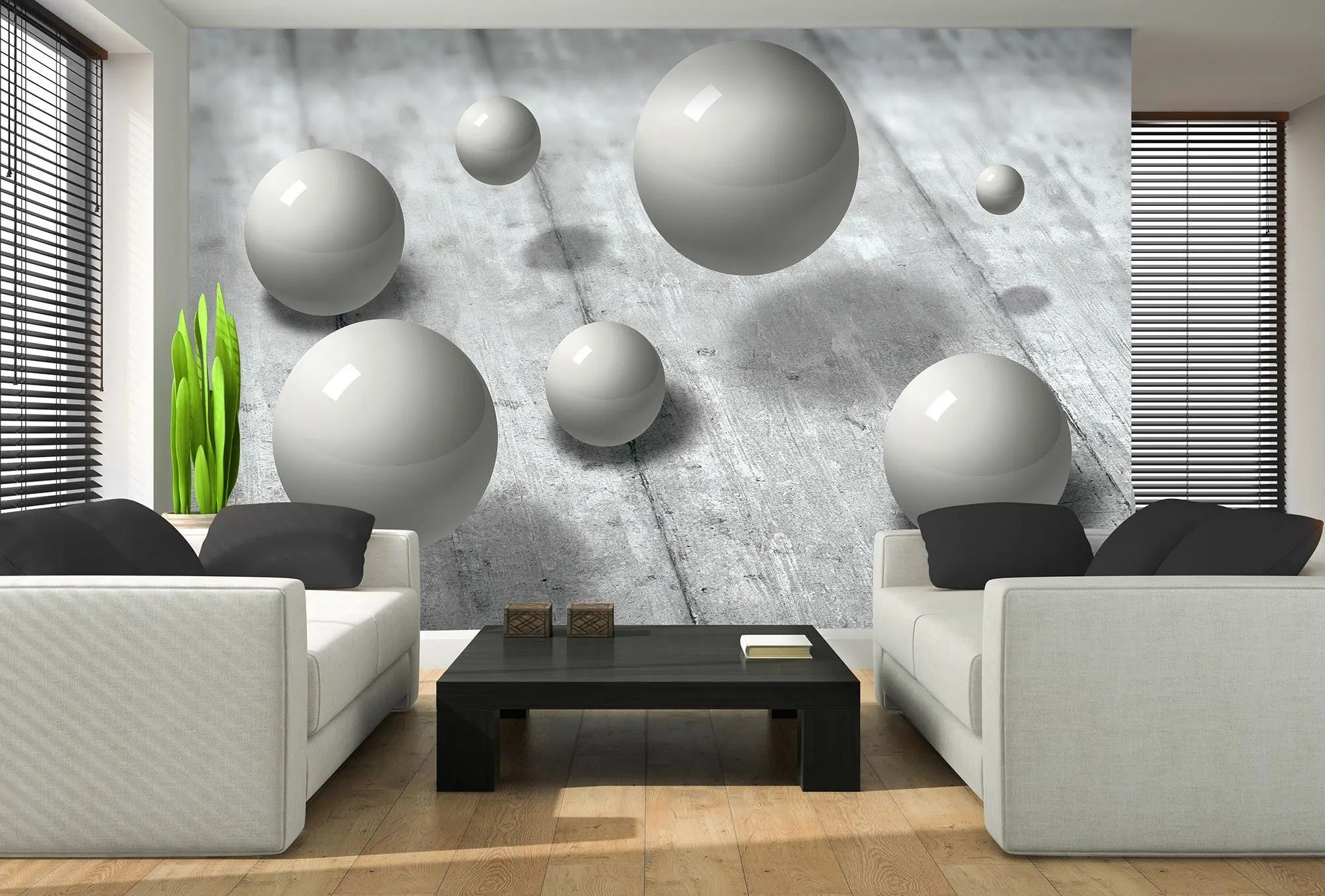 Billede 2 af Fototapet - Flydende grå kugler over betonoverflade