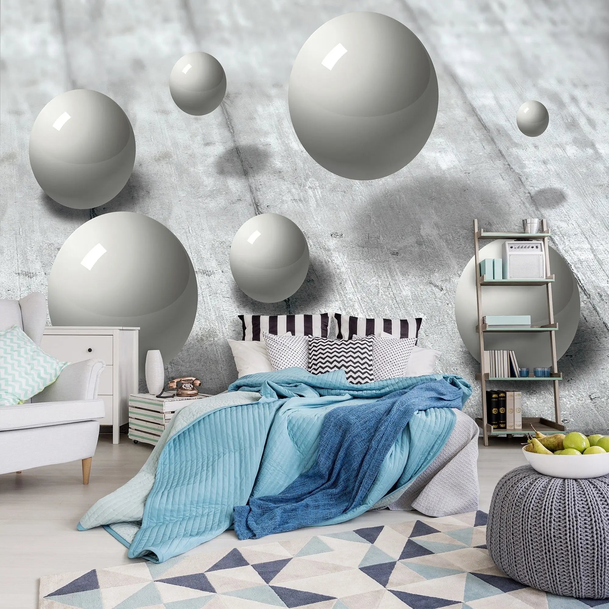 Billede 3 af Fototapet - Flydende grå kugler over betonoverflade