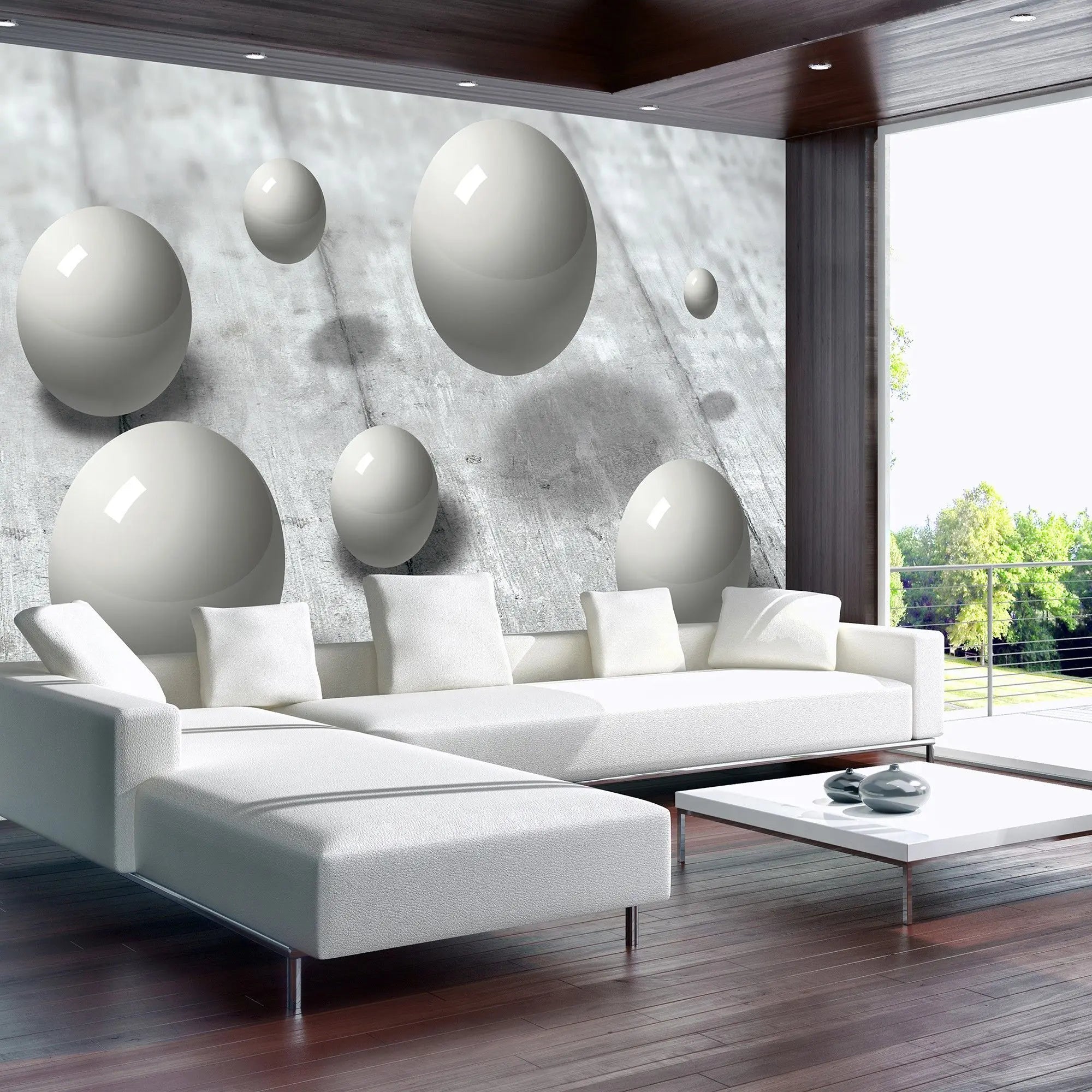 Billede 5 af Fototapet - Flydende grå kugler over betonoverflade