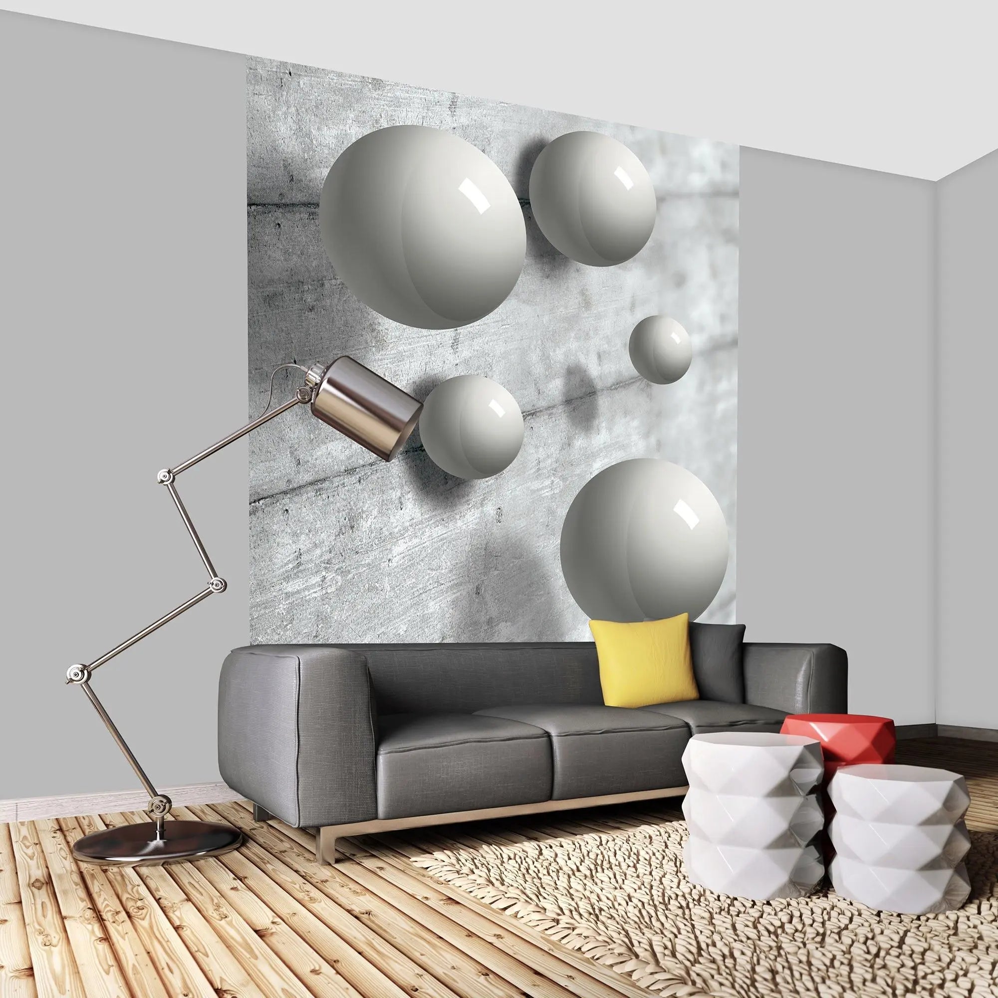 Billede 7 af Fototapet - Flydende grå kugler over betonoverflade
