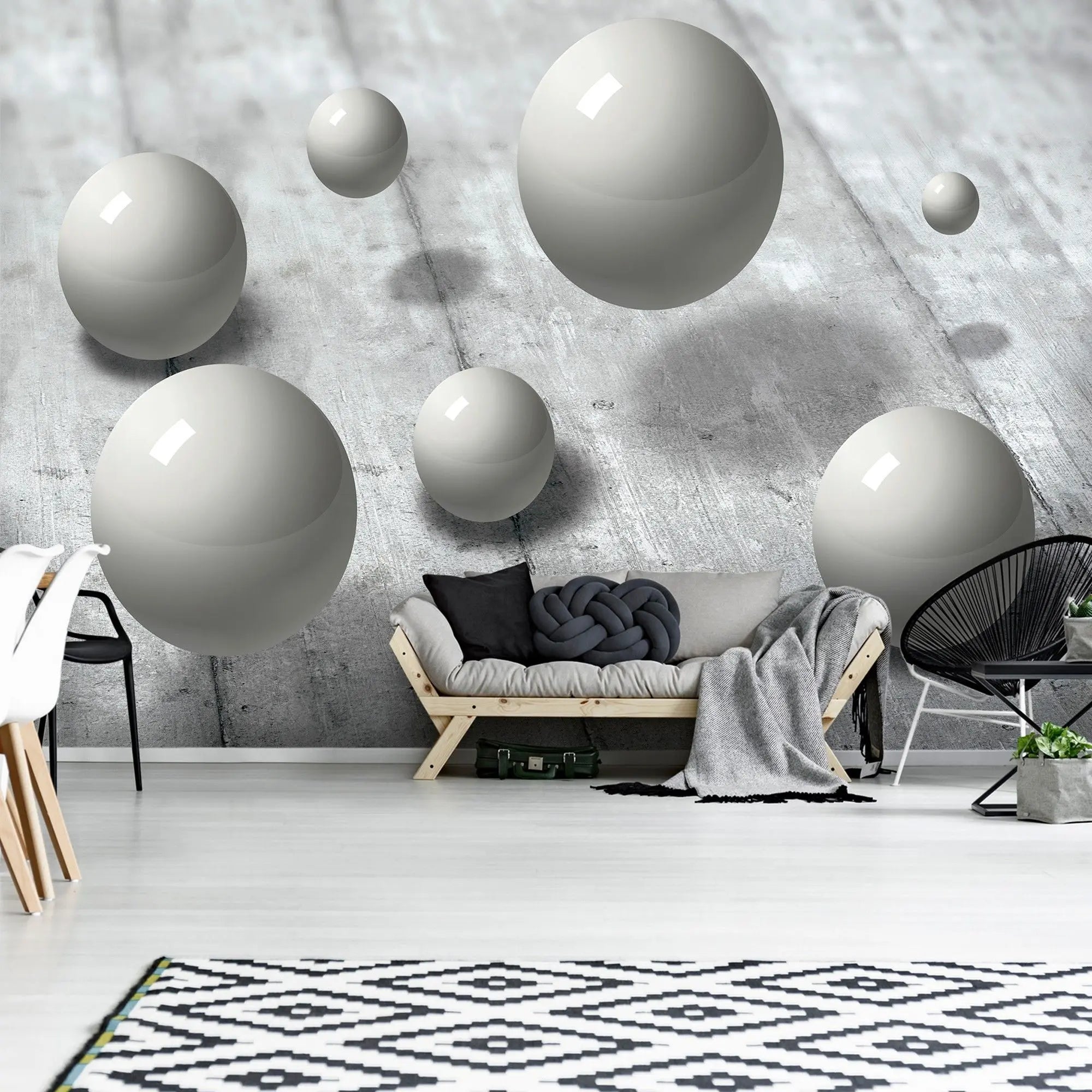 Billede 8 af Fototapet - Flydende grå kugler over betonoverflade