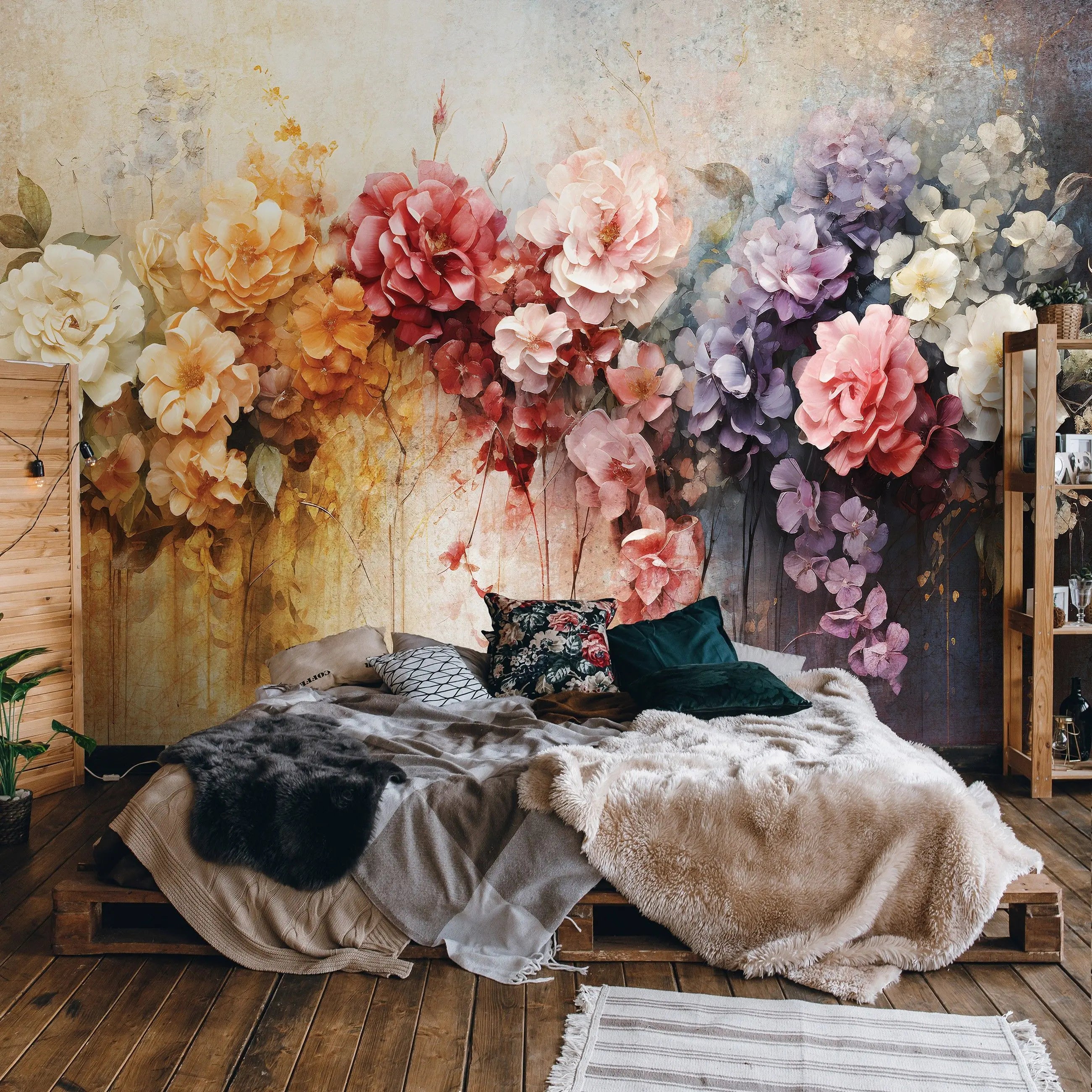 Billede 5 af Fototapet - Forskellige farvede blomster på vintage baggrund