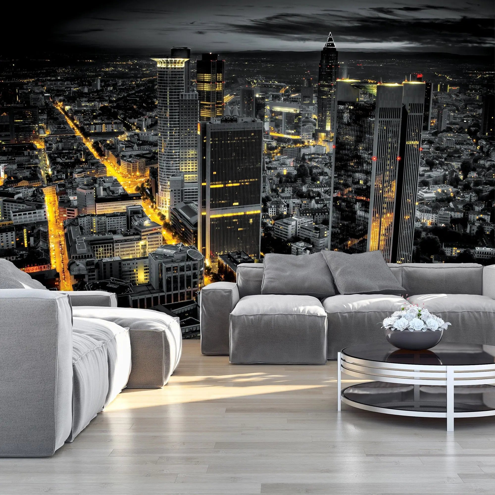 Billede 4 af Fototapet - Frankfurt Skyline om natten med oplyste gader