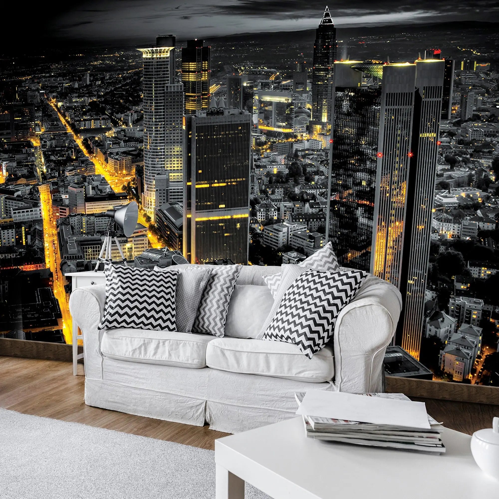 Billede 9 af Fototapet - Frankfurt Skyline om natten med oplyste gader