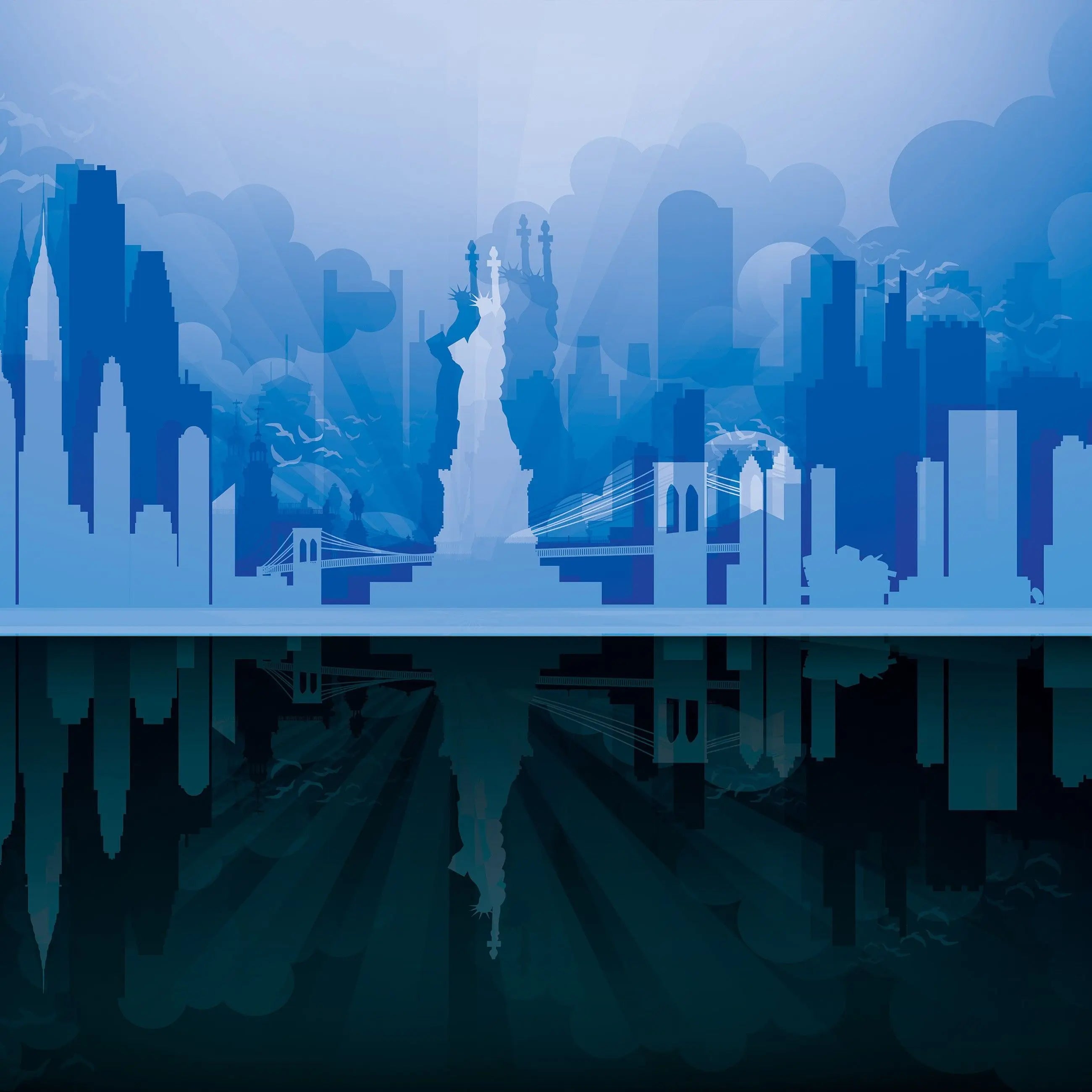 Billede 13 af Fototapet - Frihedsgudinden med New Yorks skyline i blå nuancer