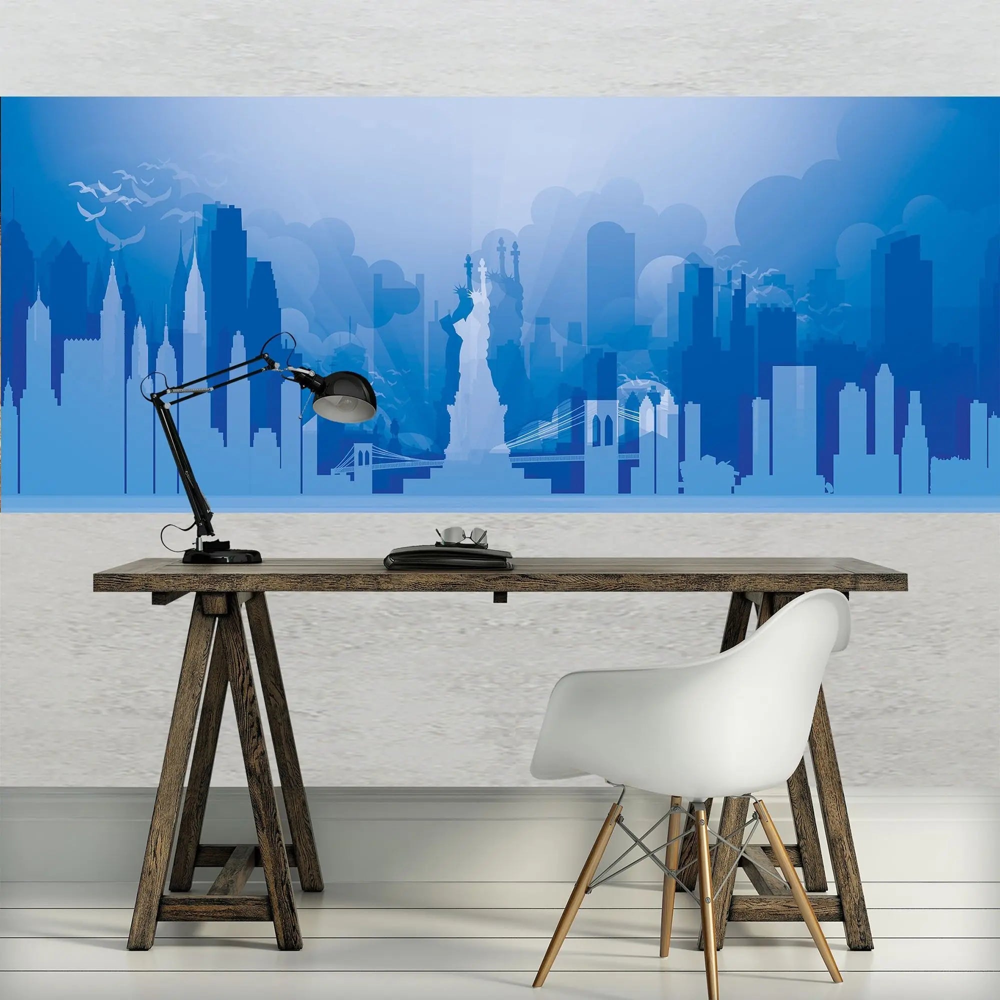 Billede 5 af Fototapet - Frihedsgudinden med New Yorks skyline i blå nuancer