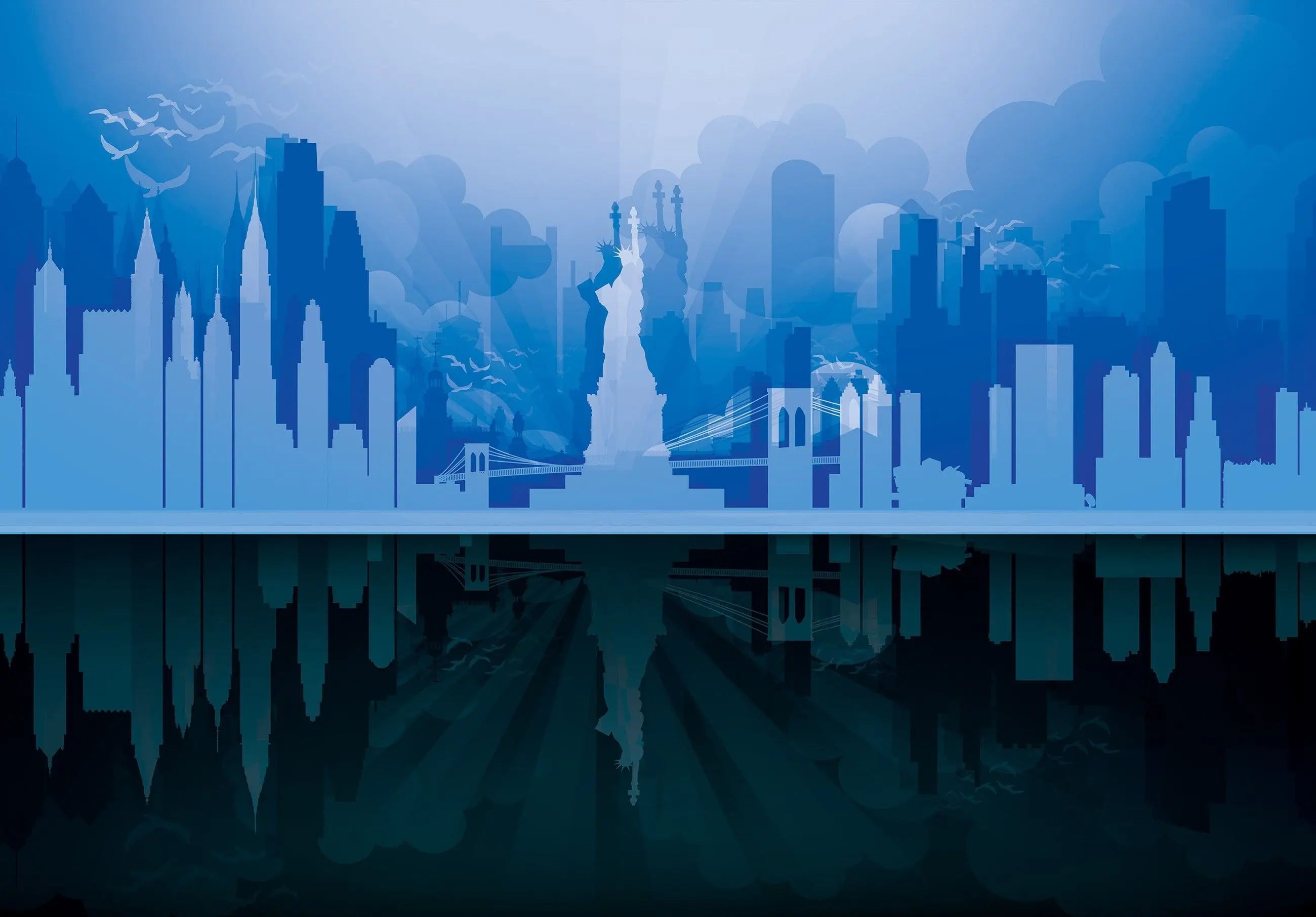 Billede 7 af Fototapet - Frihedsgudinden med New Yorks skyline i blå nuancer