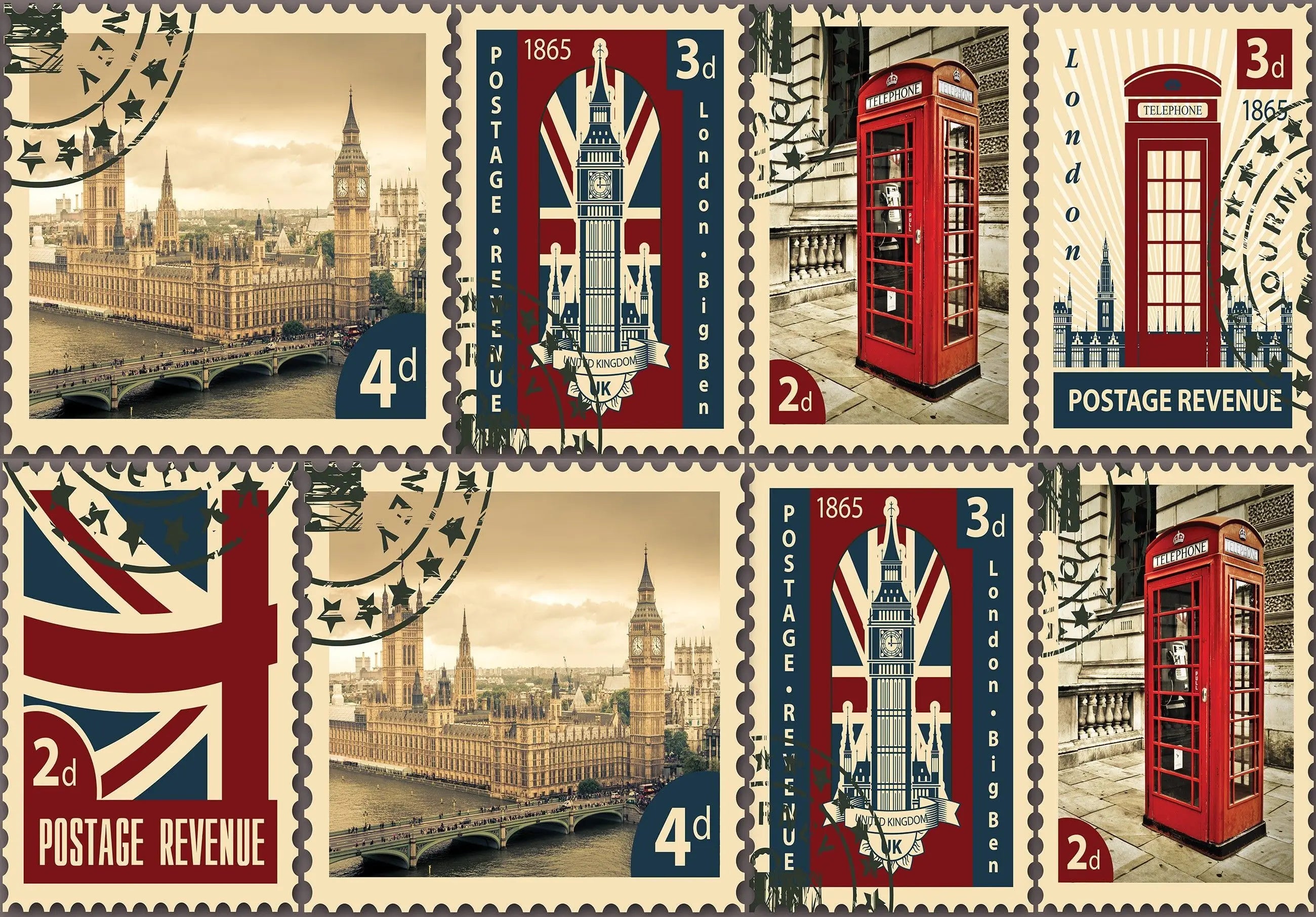 Billede 13 af Fototapet - Frimærker med Big Ben og røde telefonbokse i London