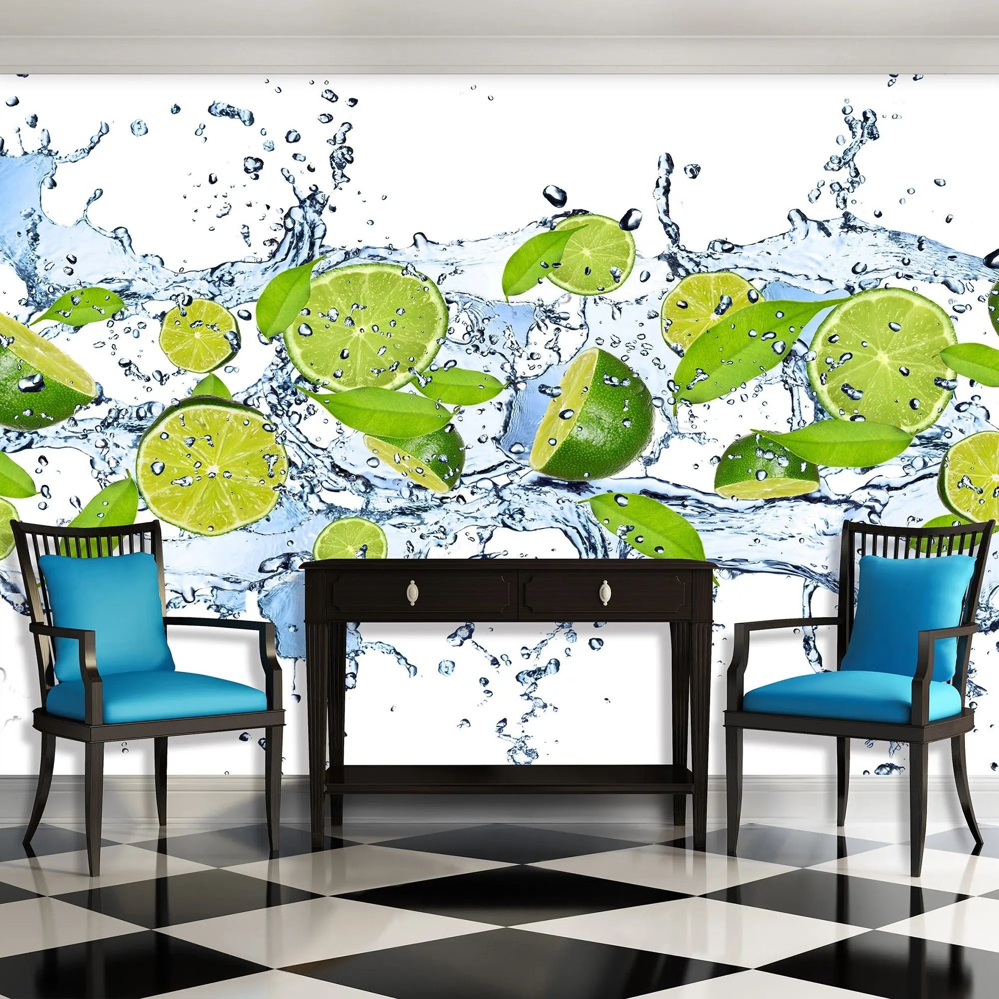 Billede 3 af Fototapet - Friske limefrugter og grønne blade i vandsprøjt