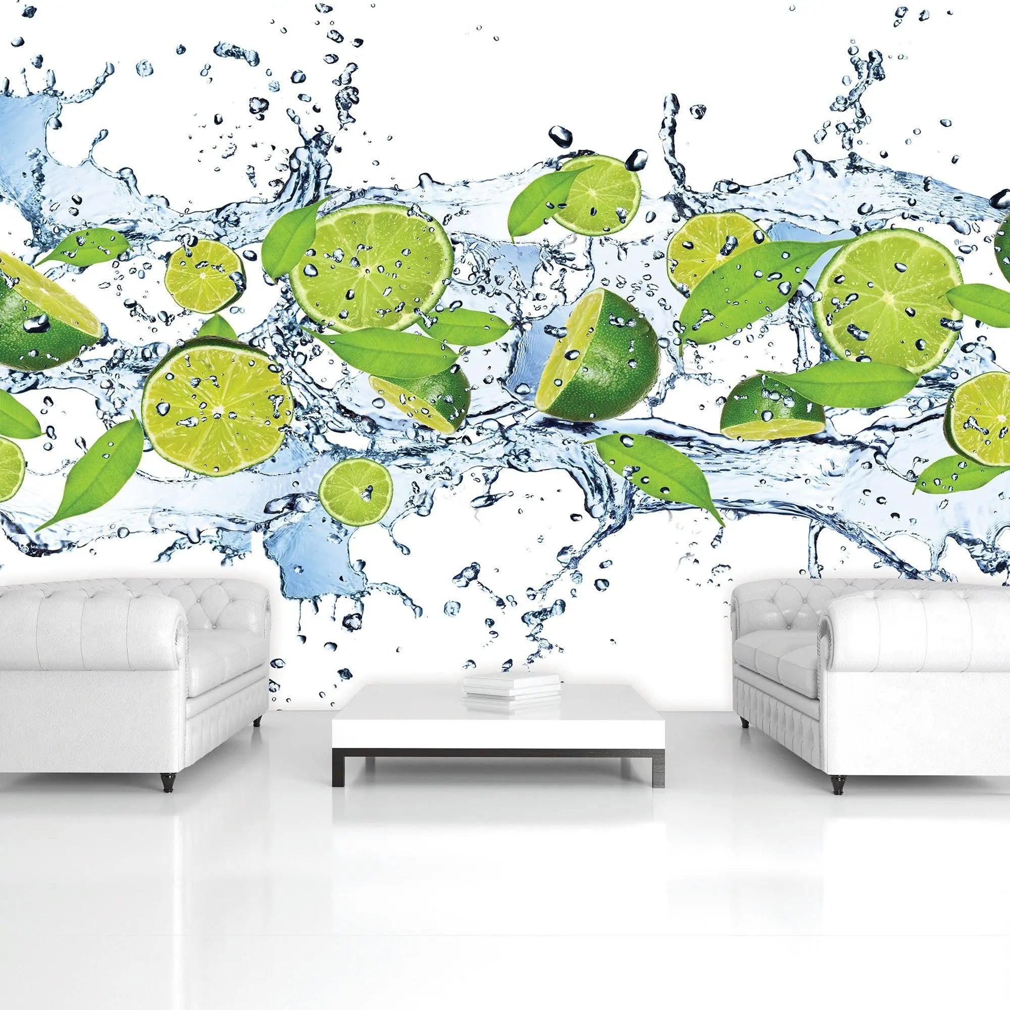 Billede 5 af Fototapet - Friske limefrugter og grønne blade i vandsprøjt