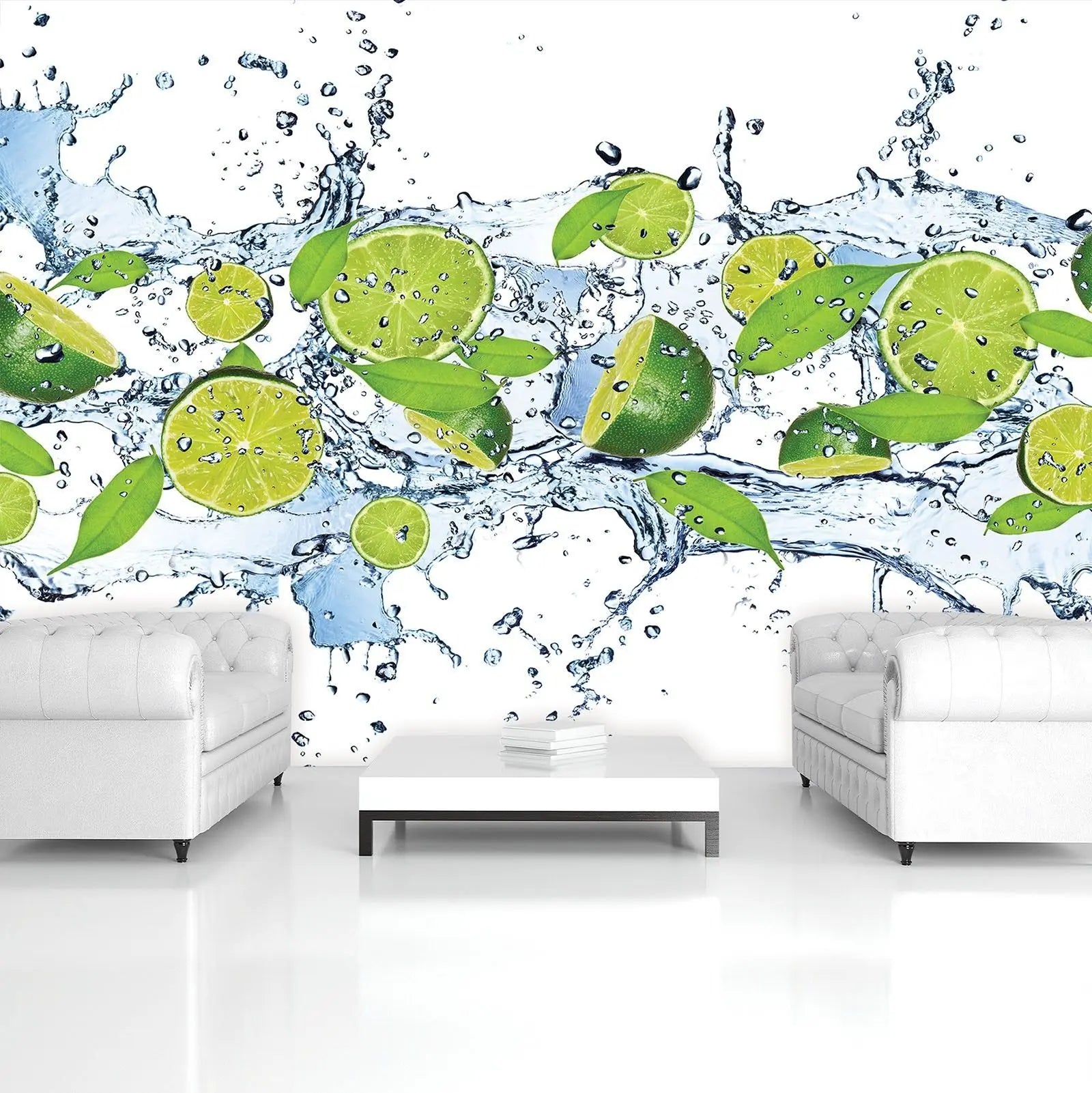 Billede 6 af Fototapet - Friske limefrugter og grønne blade i vandsprøjt
