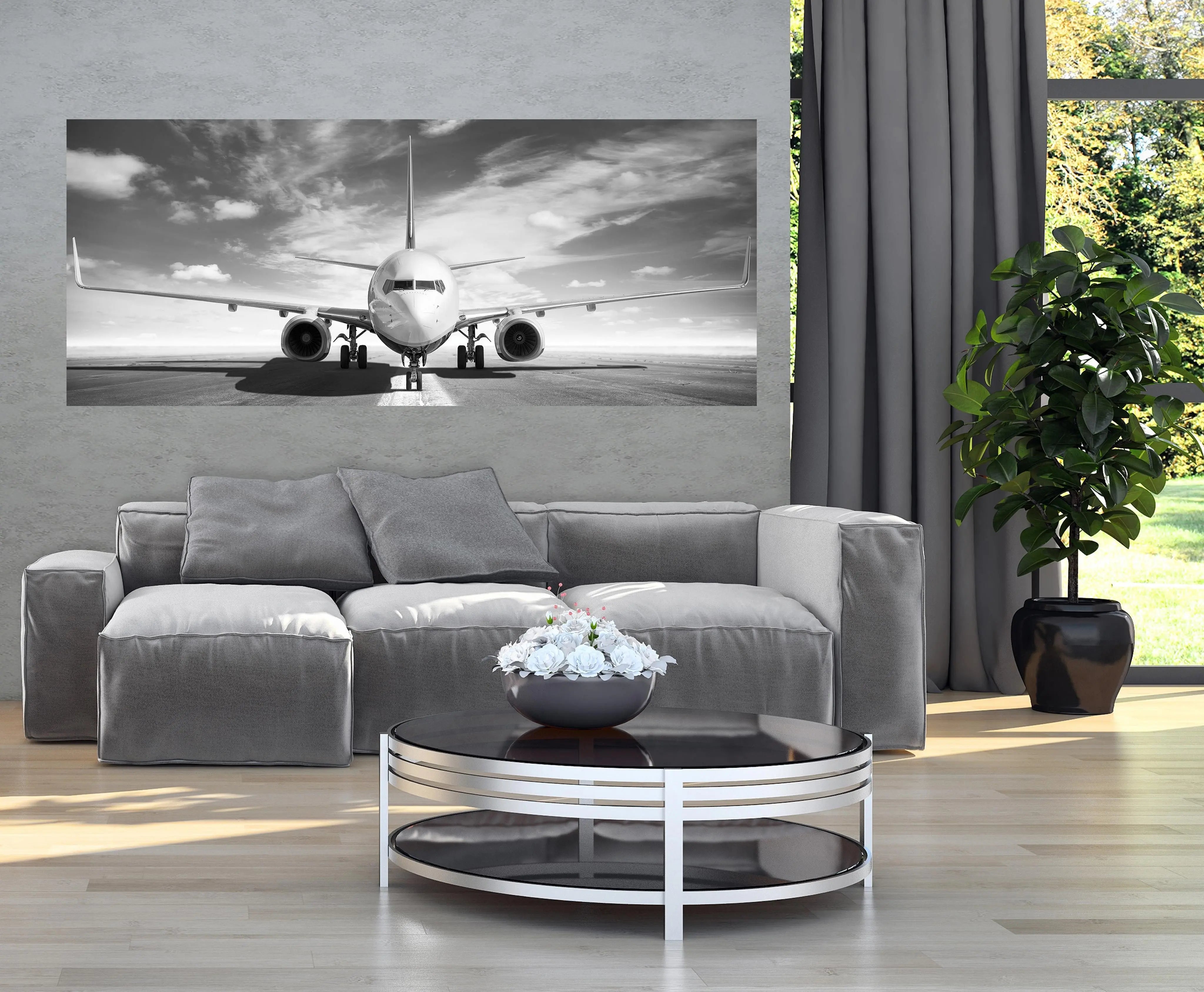 Billede 12 af Fototapet - Front af passagerfly på landingsbane i sort-hvid
