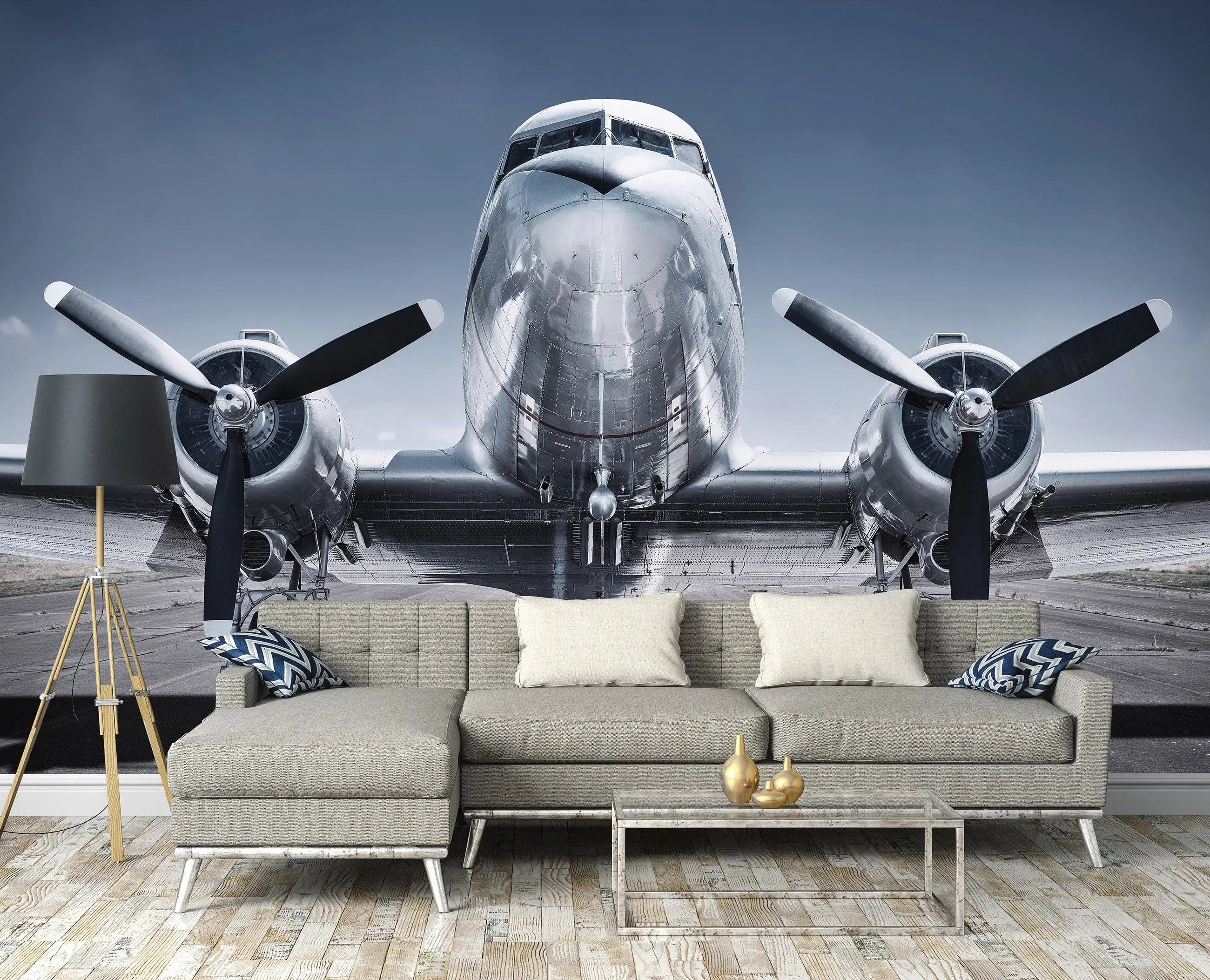 Billede 10 af Fototapet - Front af sølvfarvet Douglas DC-3 propelfly på landingsbane