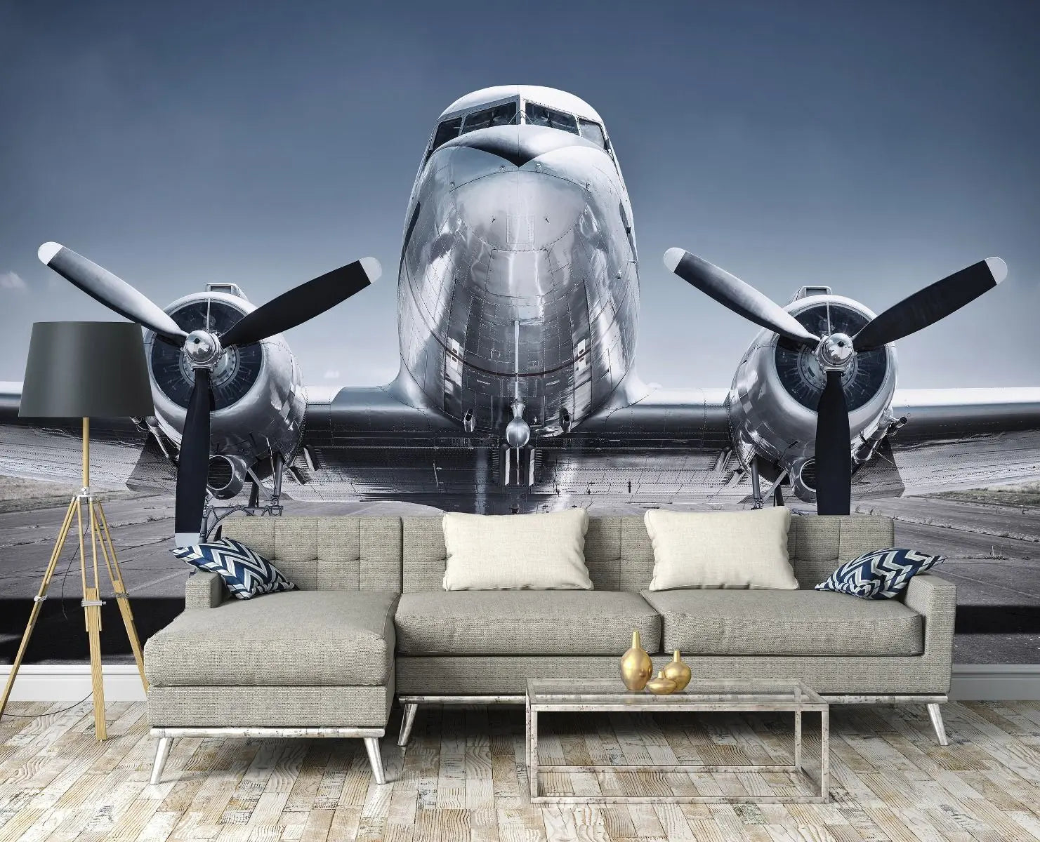 Billede 3 af Fototapet - Front af sølvfarvet Douglas DC-3 propelfly på landingsbane