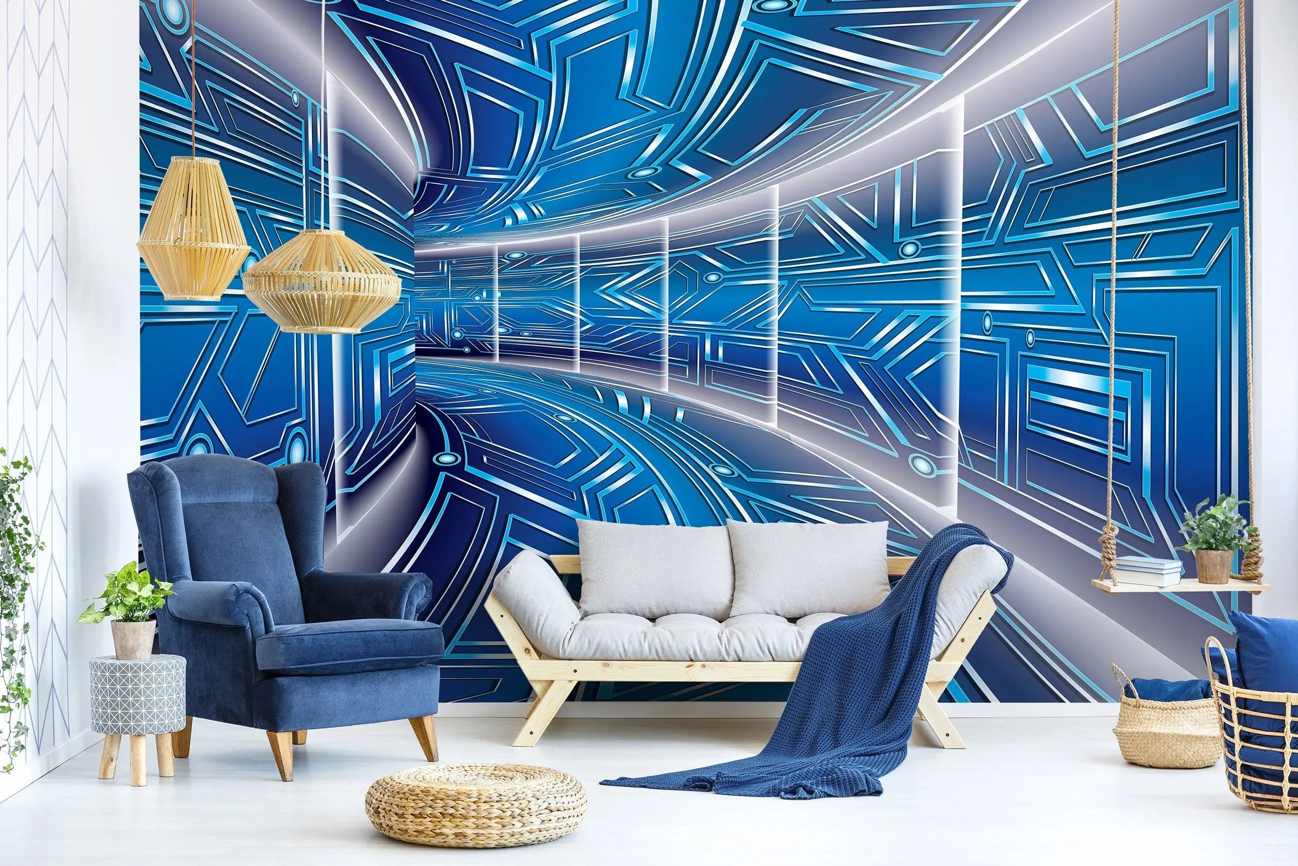 Billede 13 af Fototapet - Futuristisk blå korridor med geometrisk mønster