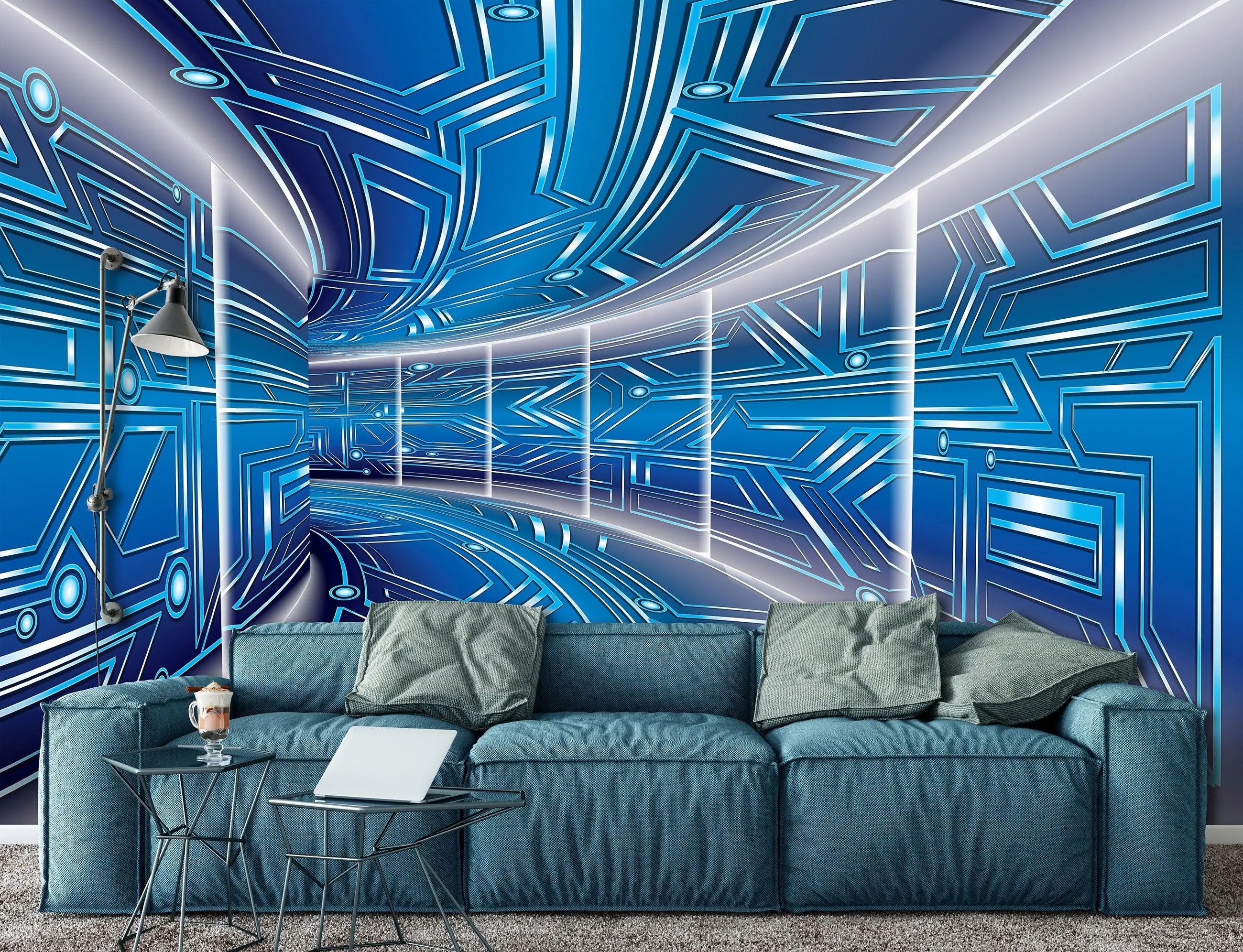 Billede 14 af Fototapet - Futuristisk blå korridor med geometrisk mønster