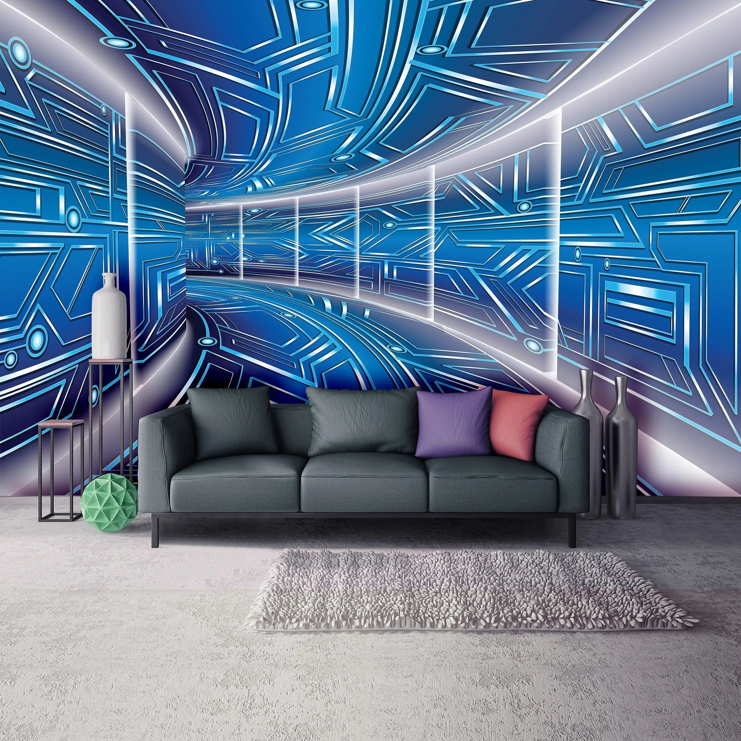 Billede 16 af Fototapet - Futuristisk blå korridor med geometrisk mønster