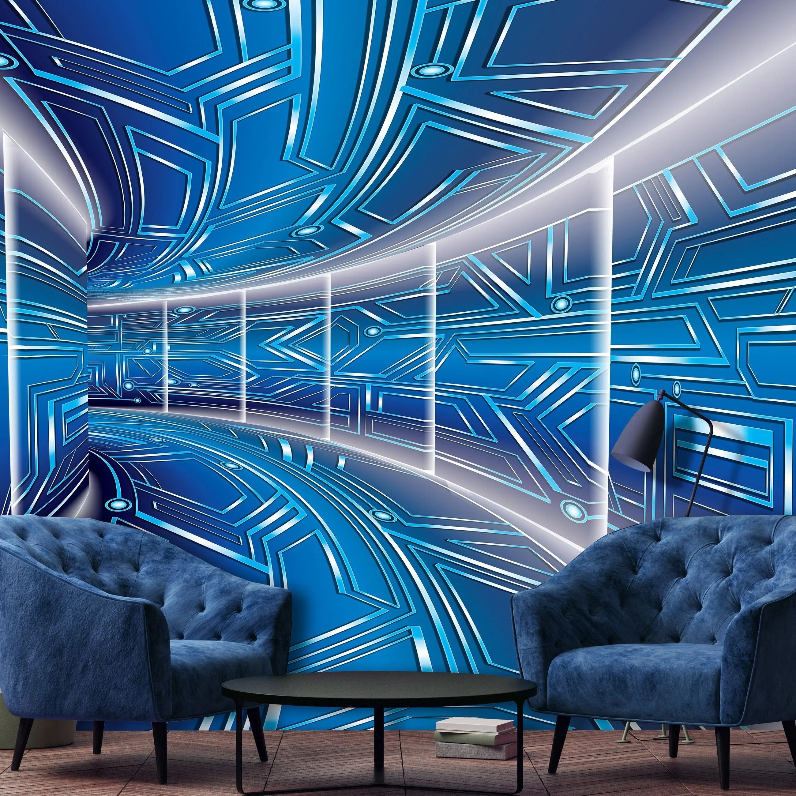 Billede 17 af Fototapet - Futuristisk blå korridor med geometrisk mønster