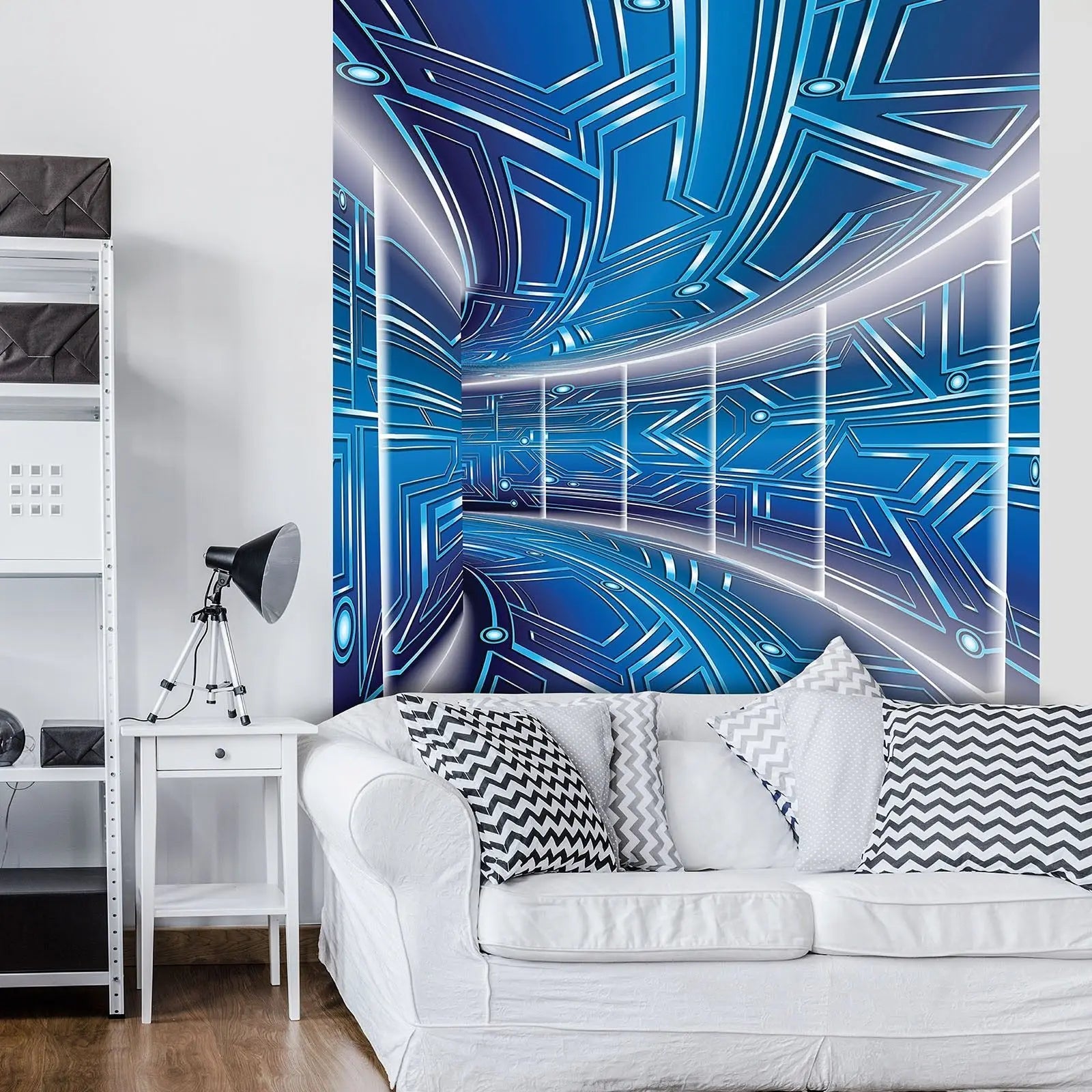 Billede 6 af Fototapet - Futuristisk blå korridor med geometrisk mønster