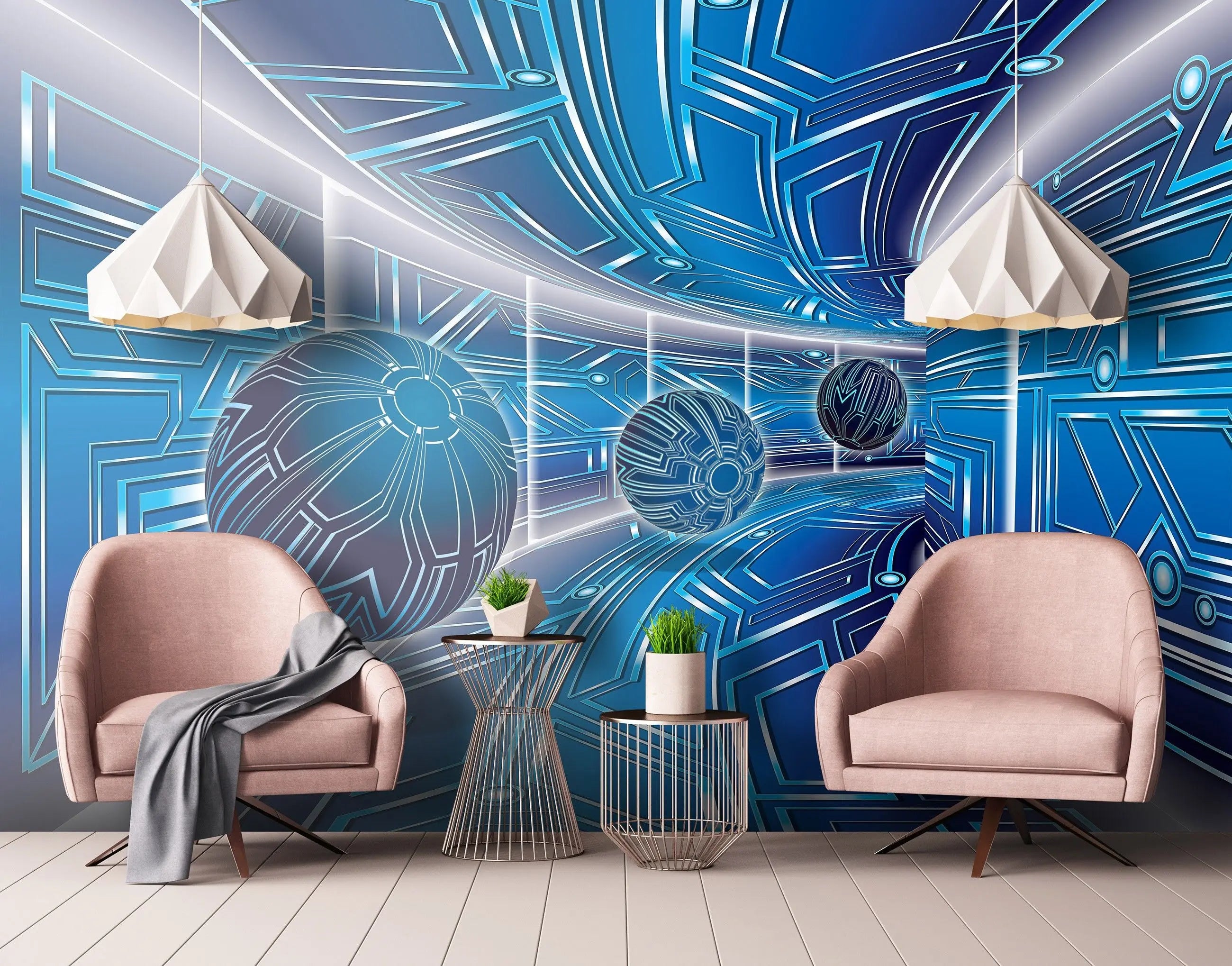Billede 13 af Fototapet - Futuristisk blå tunnel med mønstrede kugler