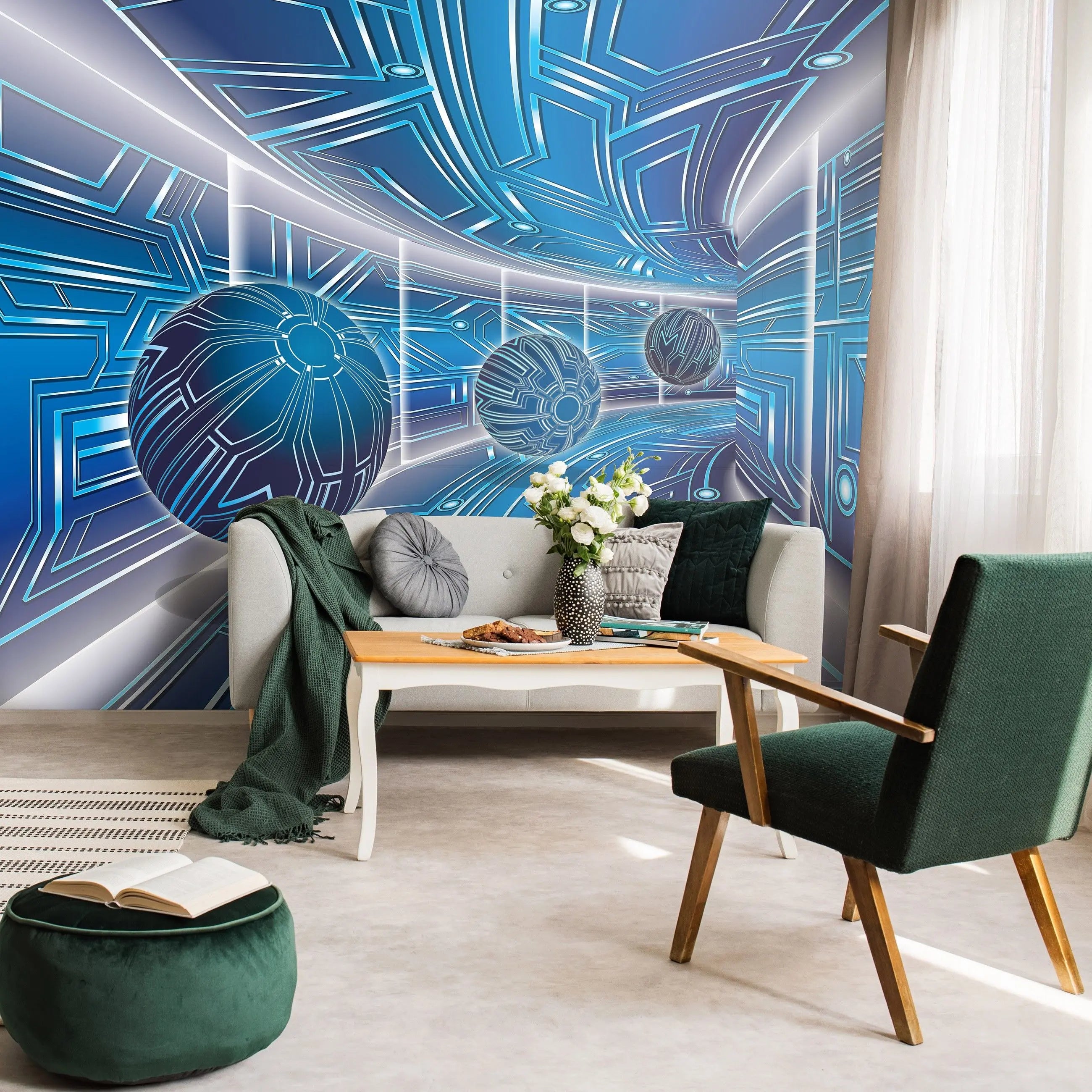 Billede 16 af Fototapet - Futuristisk blå tunnel med mønstrede kugler