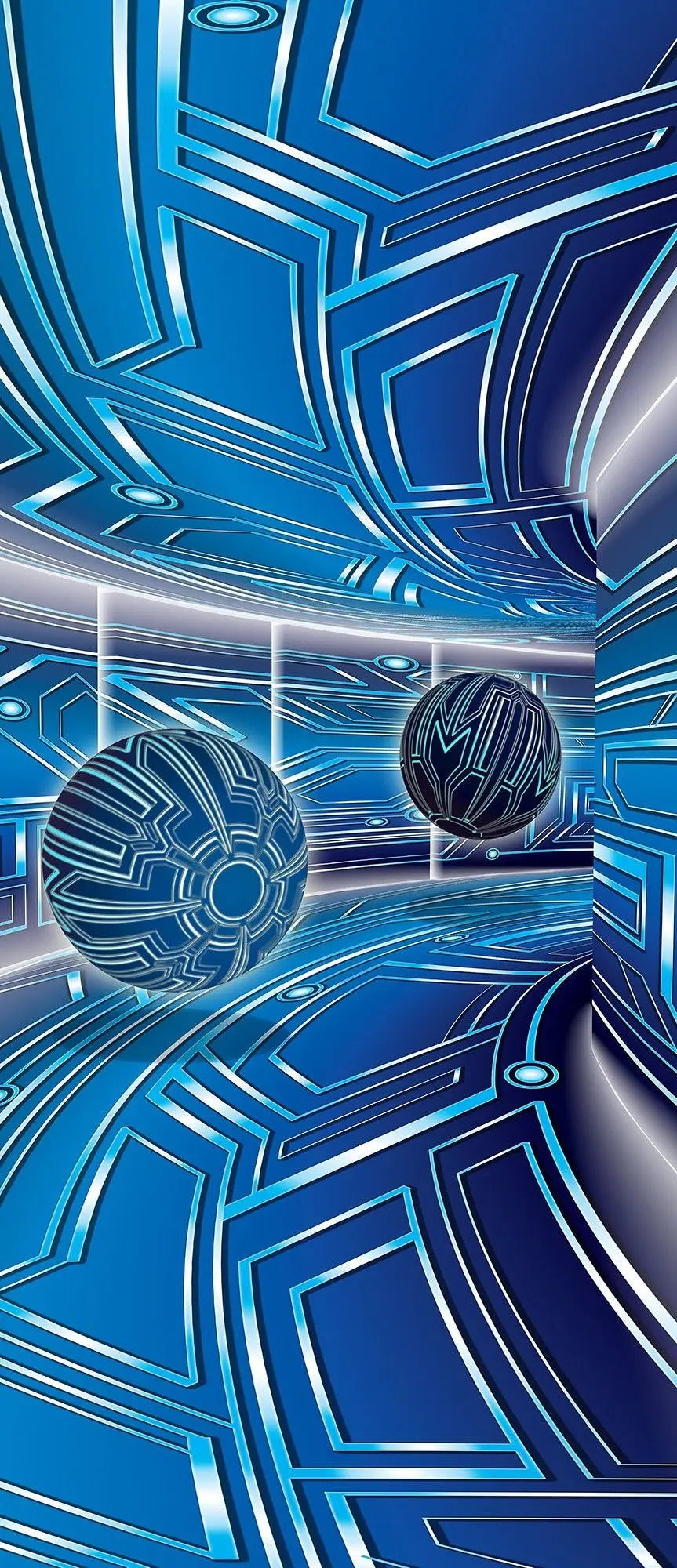 Billede 20 af Fototapet - Futuristisk blå tunnel med mønstrede kugler