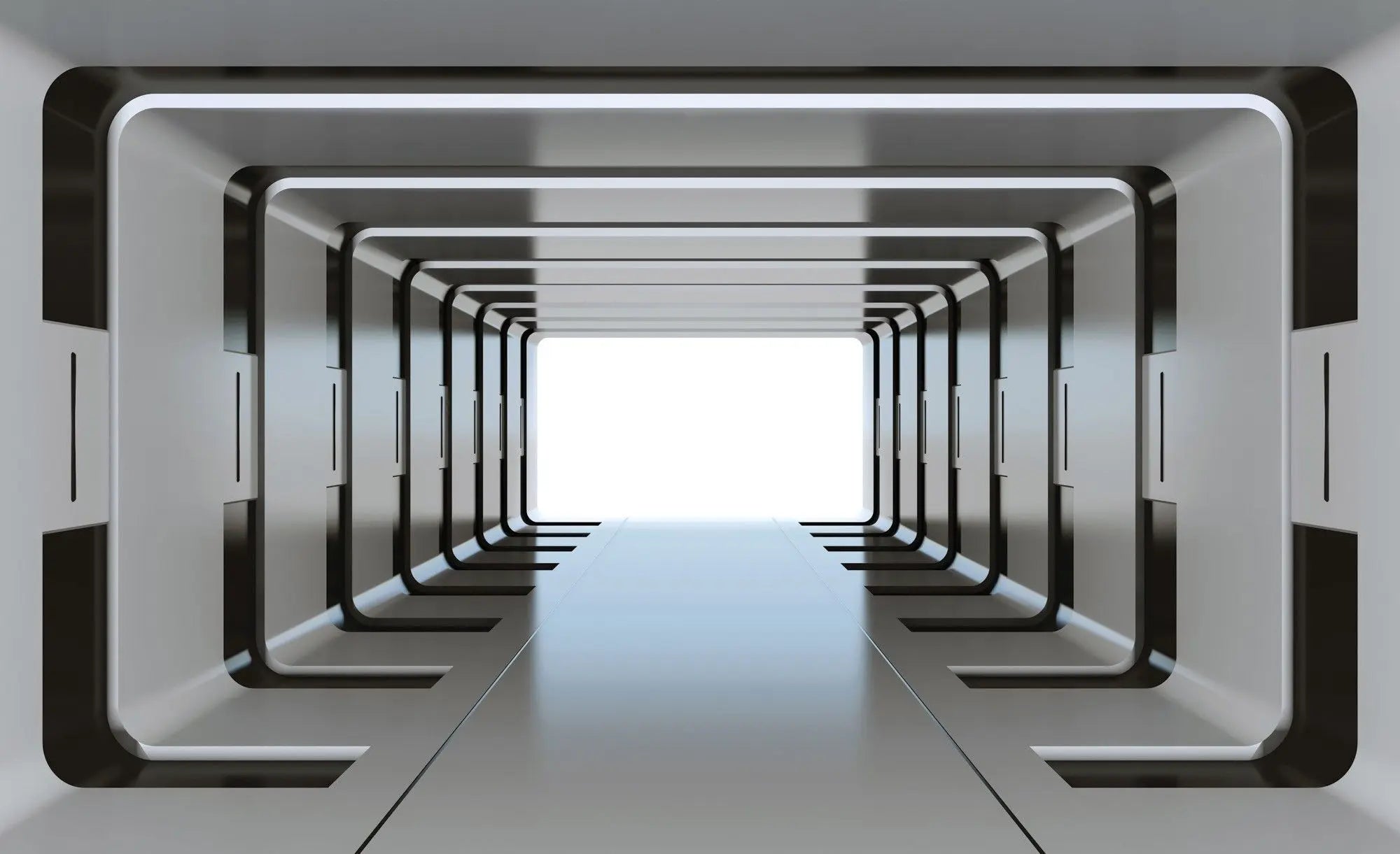 Billede 1 af Fototapet - Futuristisk hvid og sort tunnel med lys åbning