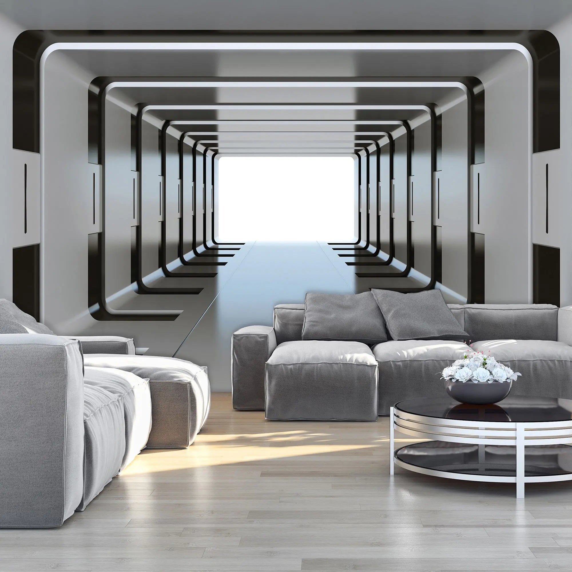 Billede 3 af Fototapet - Futuristisk hvid og sort tunnel med lys åbning