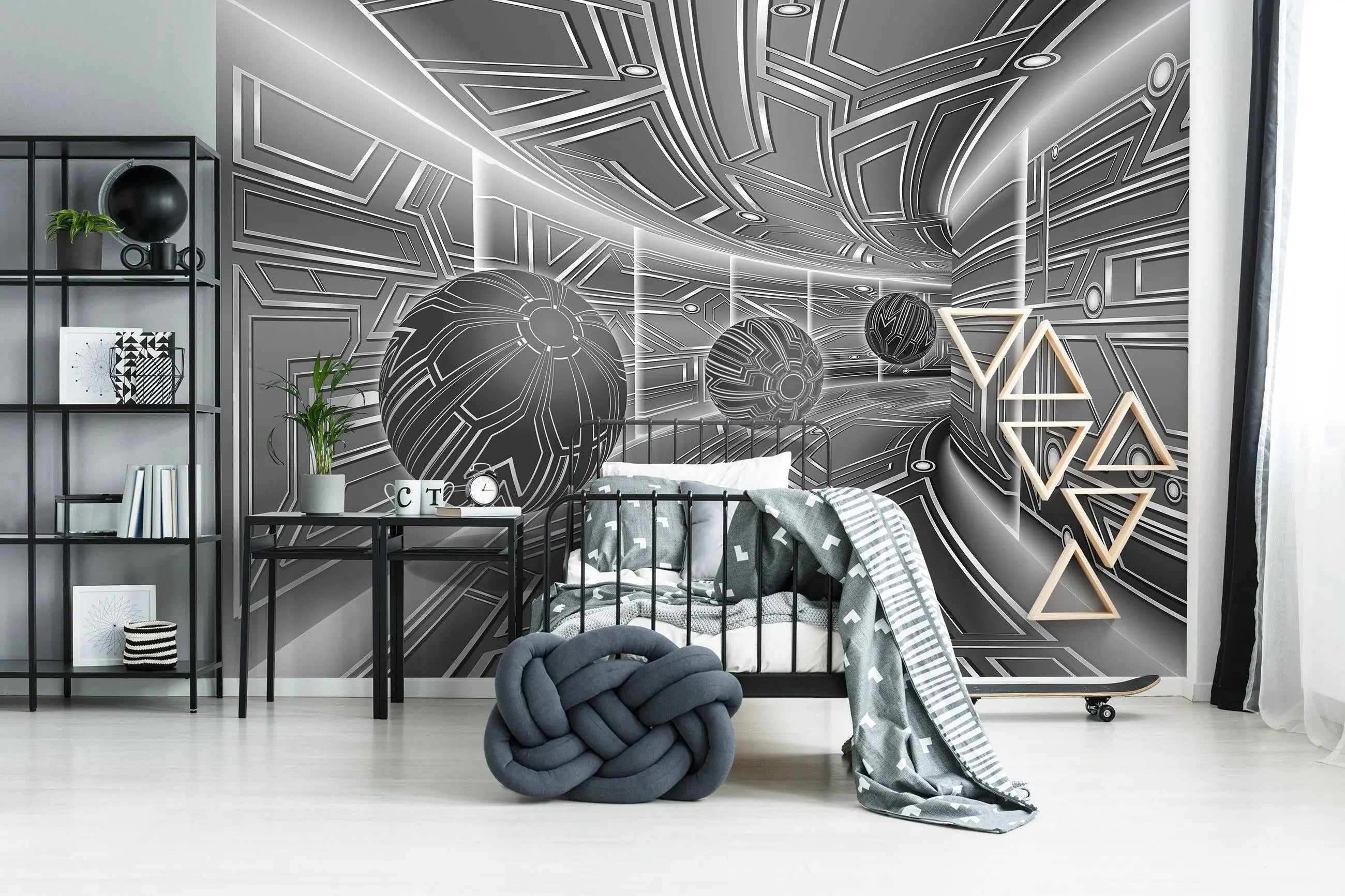 Billede 14 af Fototapet - Futuristisk metallisk korridor med sfærer