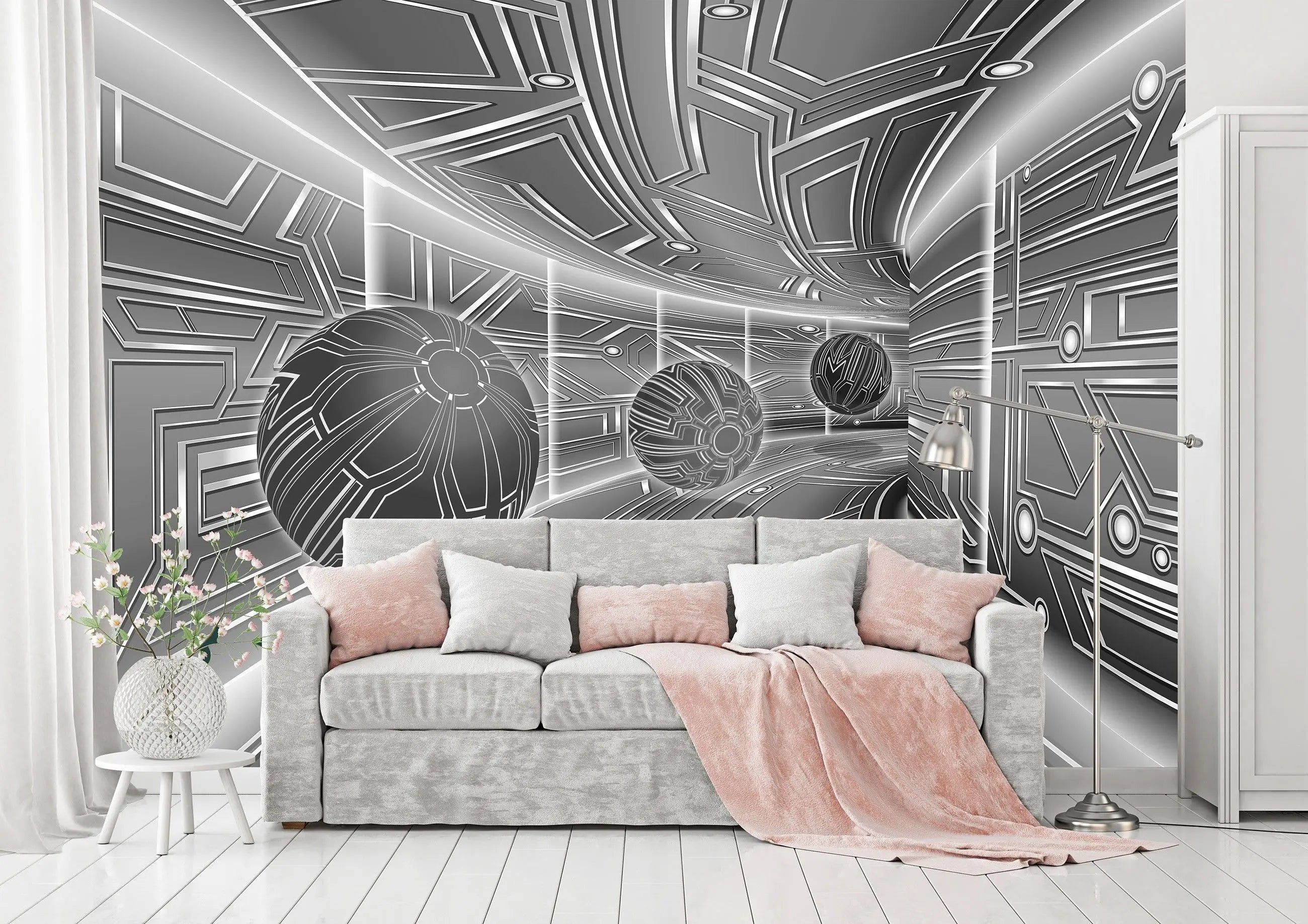 Billede 15 af Fototapet - Futuristisk metallisk korridor med sfærer