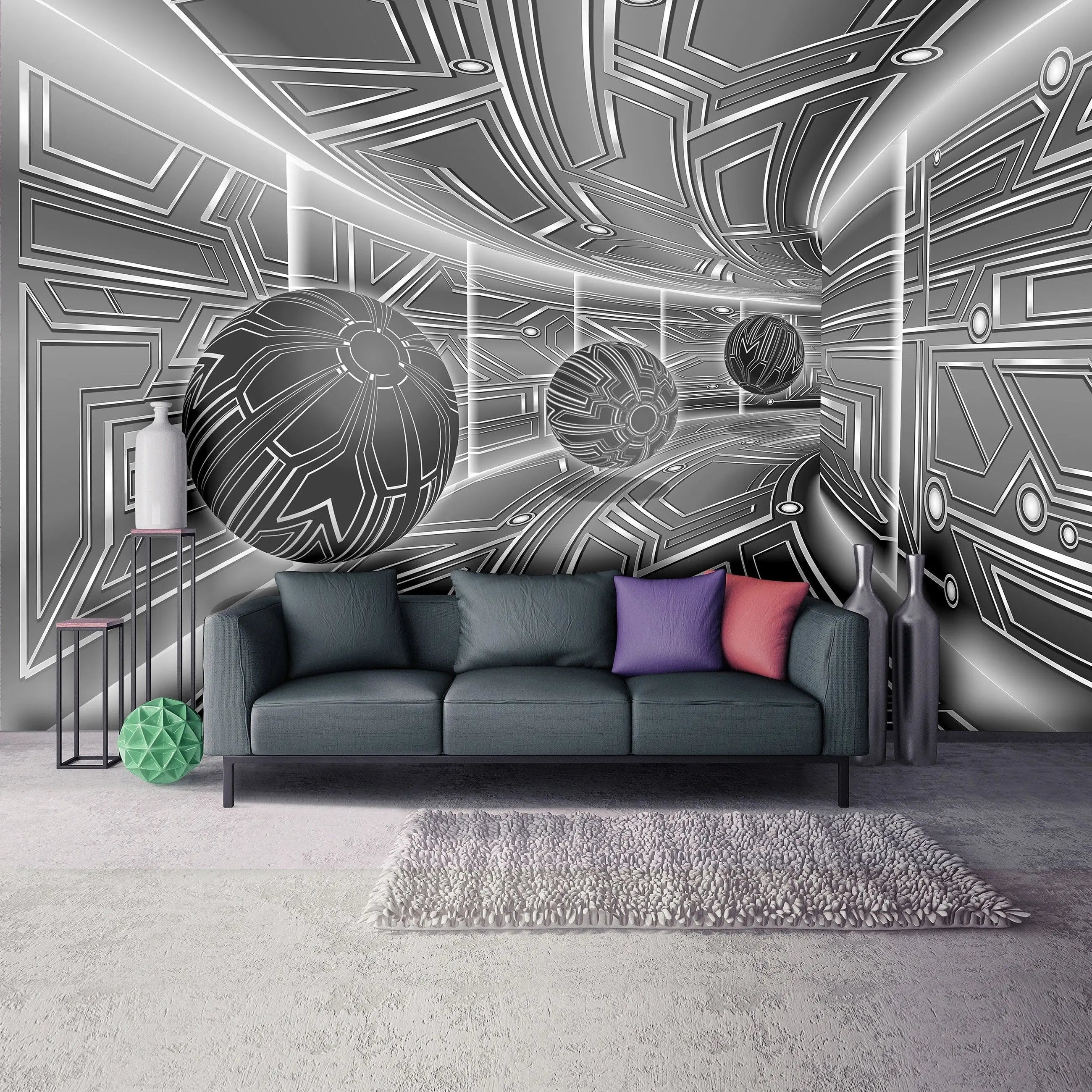 Billede 16 af Fototapet - Futuristisk metallisk korridor med sfærer