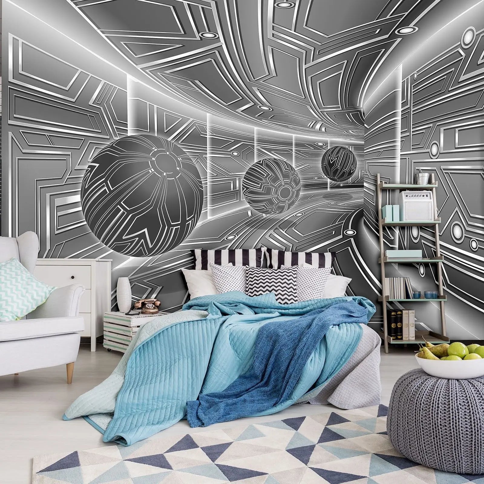 Billede 3 af Fototapet - Futuristisk metallisk korridor med sfærer