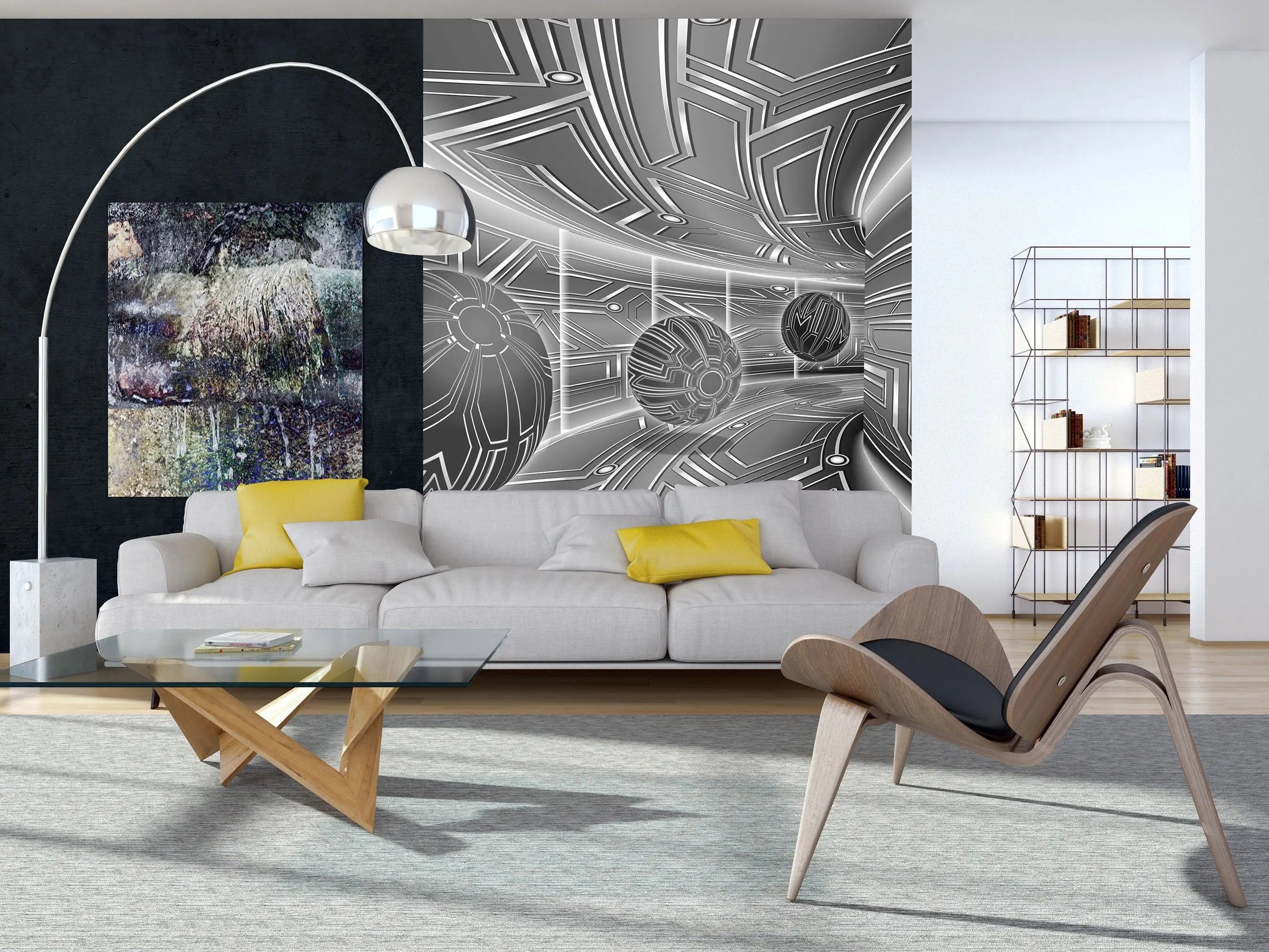 Billede 5 af Fototapet - Futuristisk metallisk korridor med sfærer