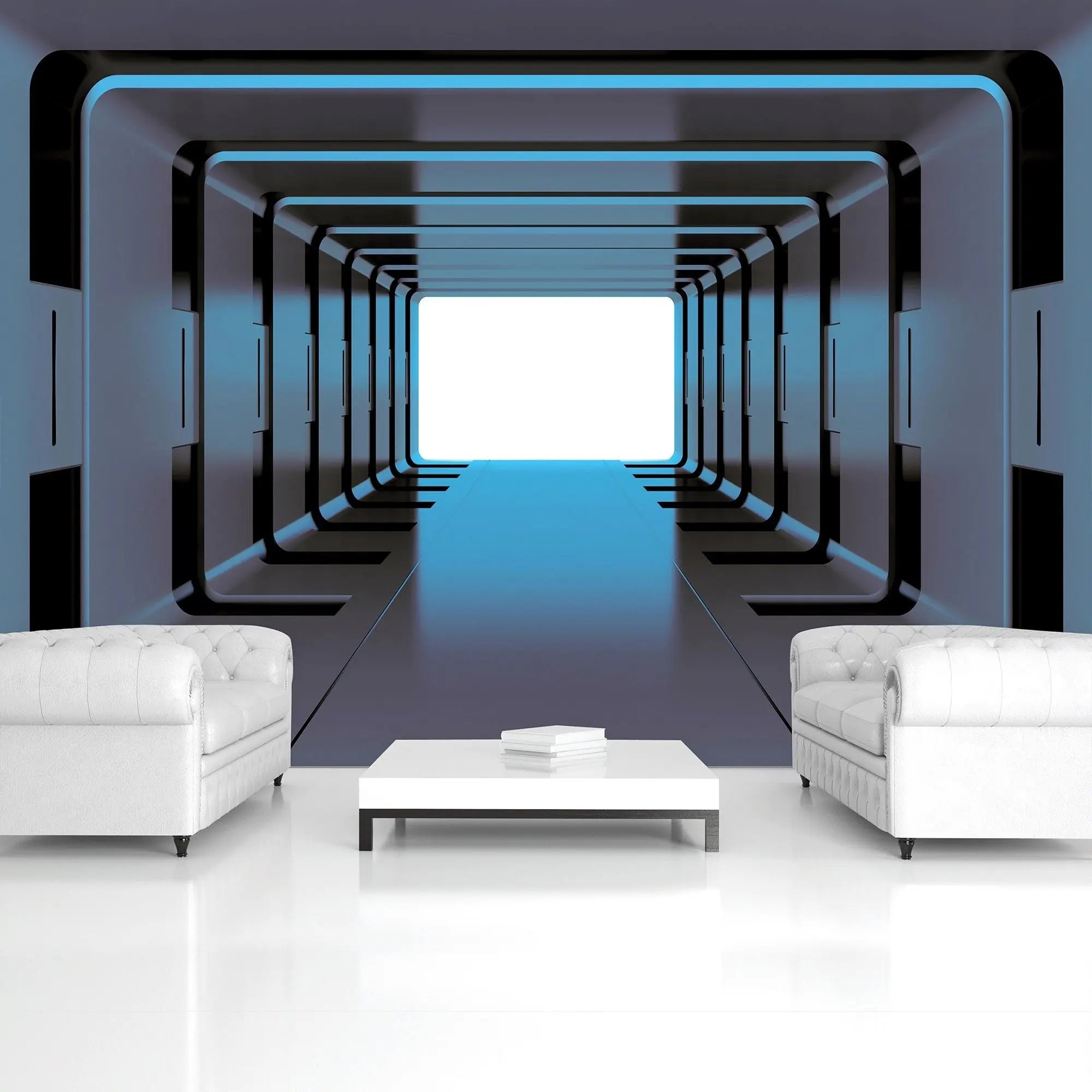 Billede 3 af Fototapet - Futuristisk metallisk tunnel med blåt lys