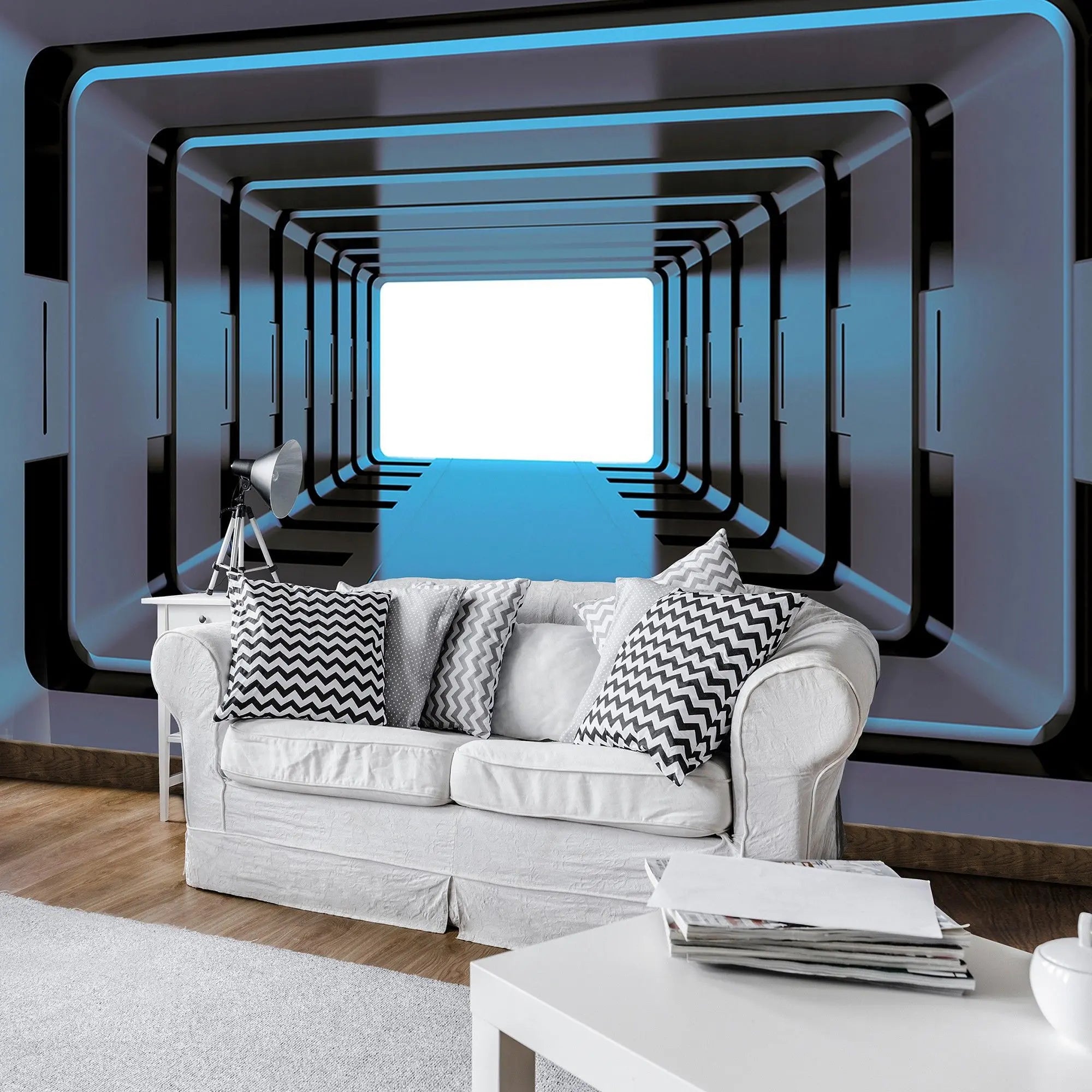 Billede 4 af Fototapet - Futuristisk metallisk tunnel med blåt lys