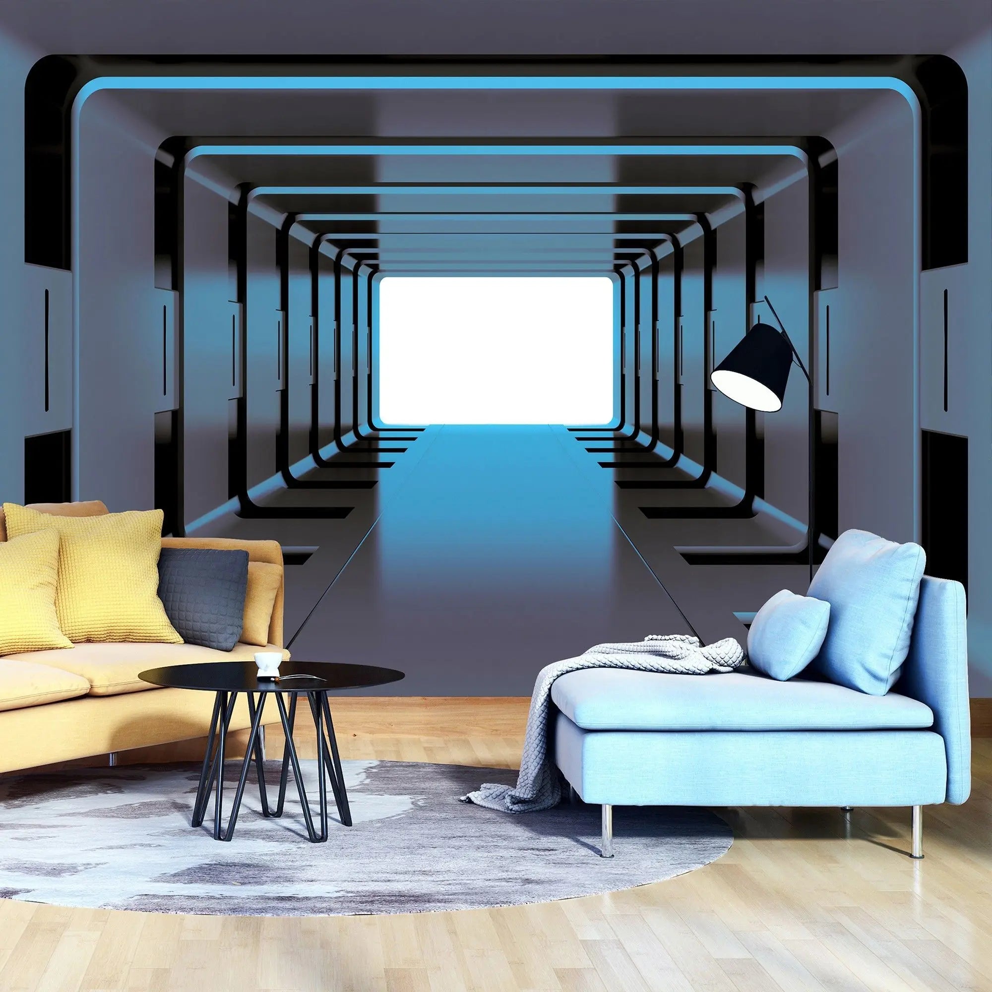 Billede 5 af Fototapet - Futuristisk metallisk tunnel med blåt lys