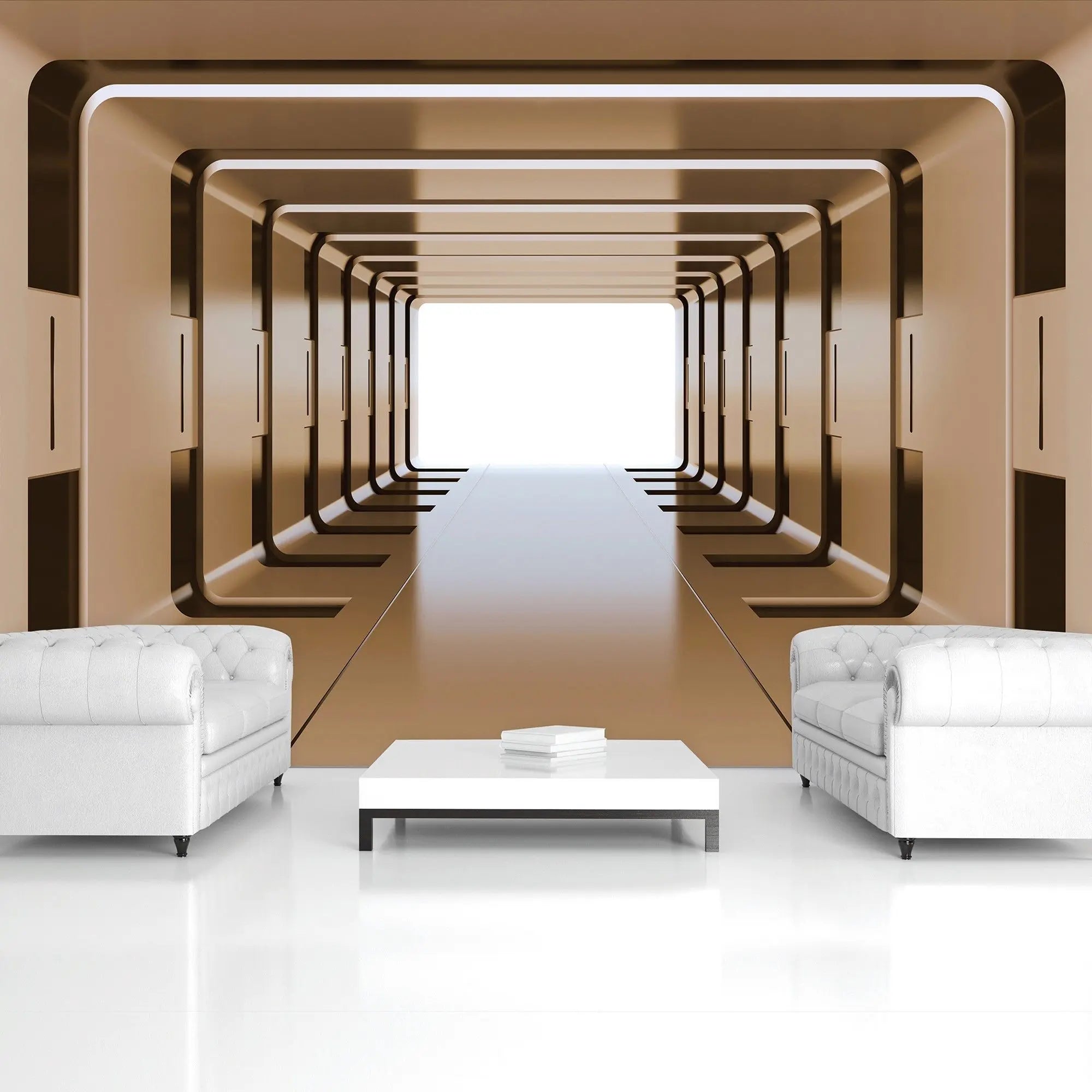 Billede 3 af Fototapet - Futuristisk symmetrisk tunnel med gylden belysning