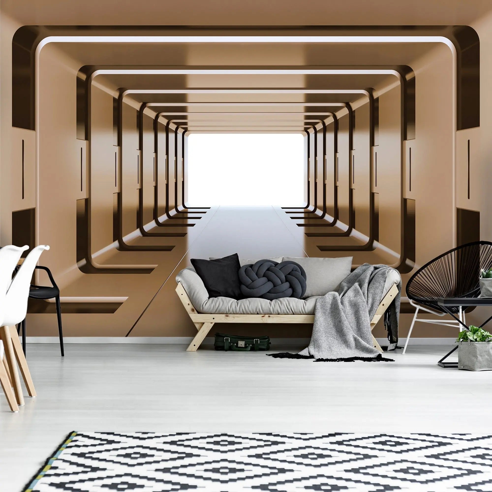 Billede 4 af Fototapet - Futuristisk symmetrisk tunnel med gylden belysning