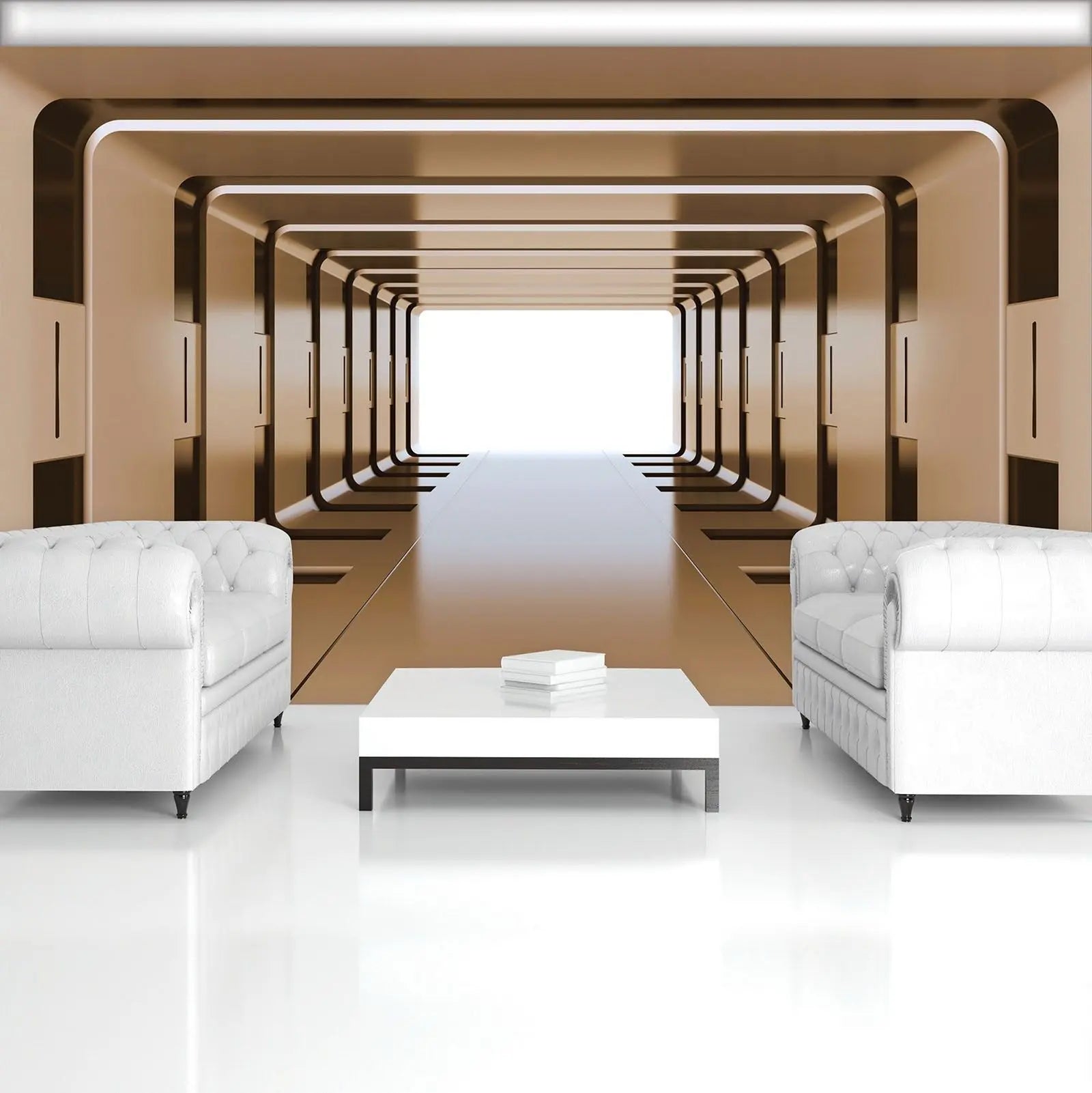 Billede 6 af Fototapet - Futuristisk symmetrisk tunnel med gylden belysning