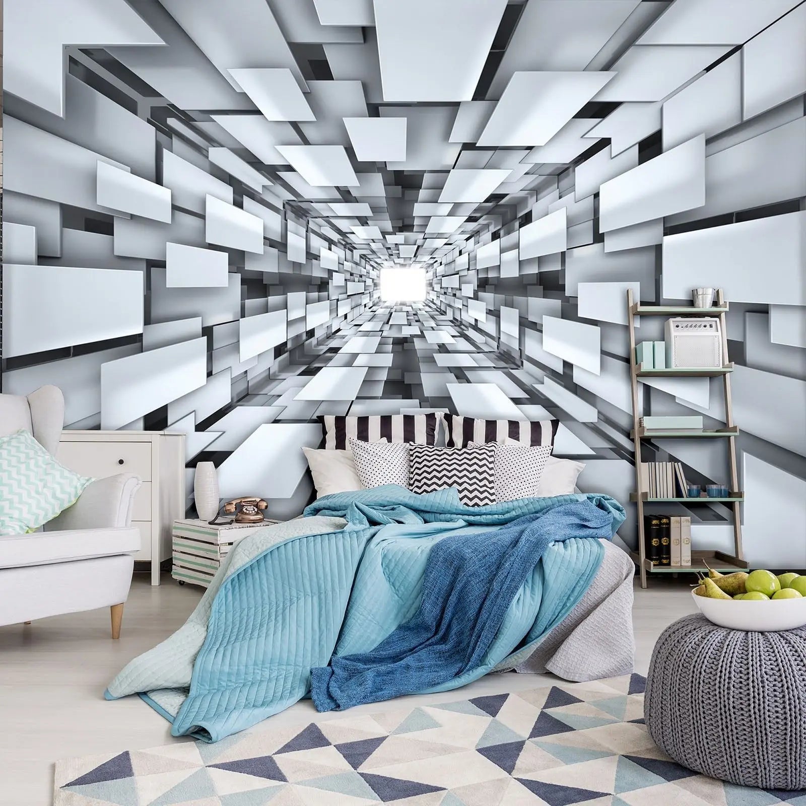 Billede 6 af Fototapet - Futuristisk tunnel med hvide rektangulære paneler