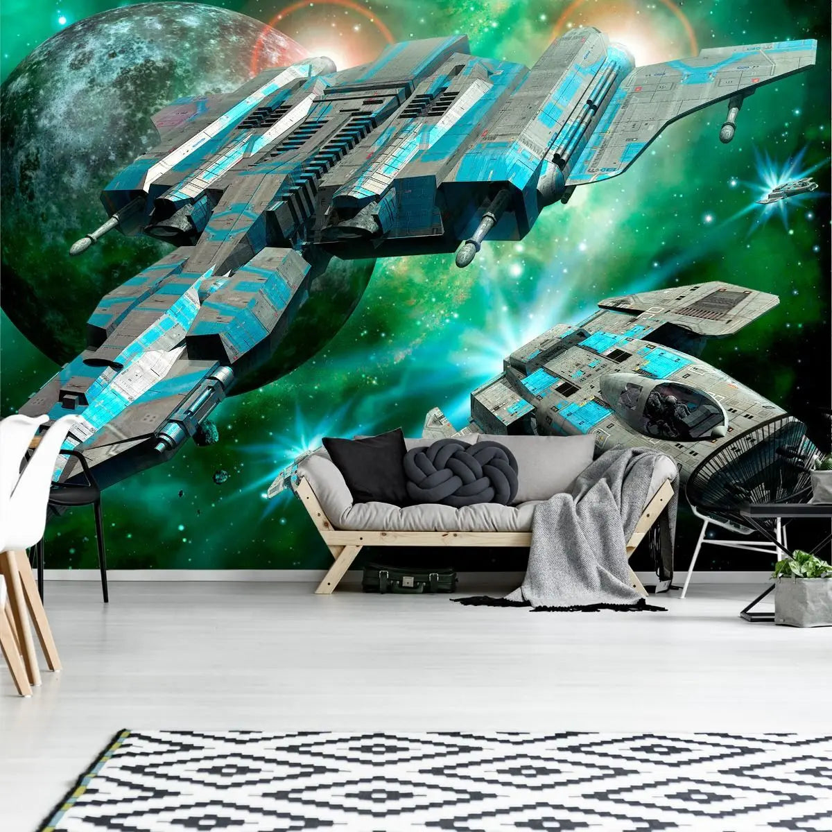 Billede 2 af Fototapet - Futuristiske rumskibe foran planet og stjerner i rummet