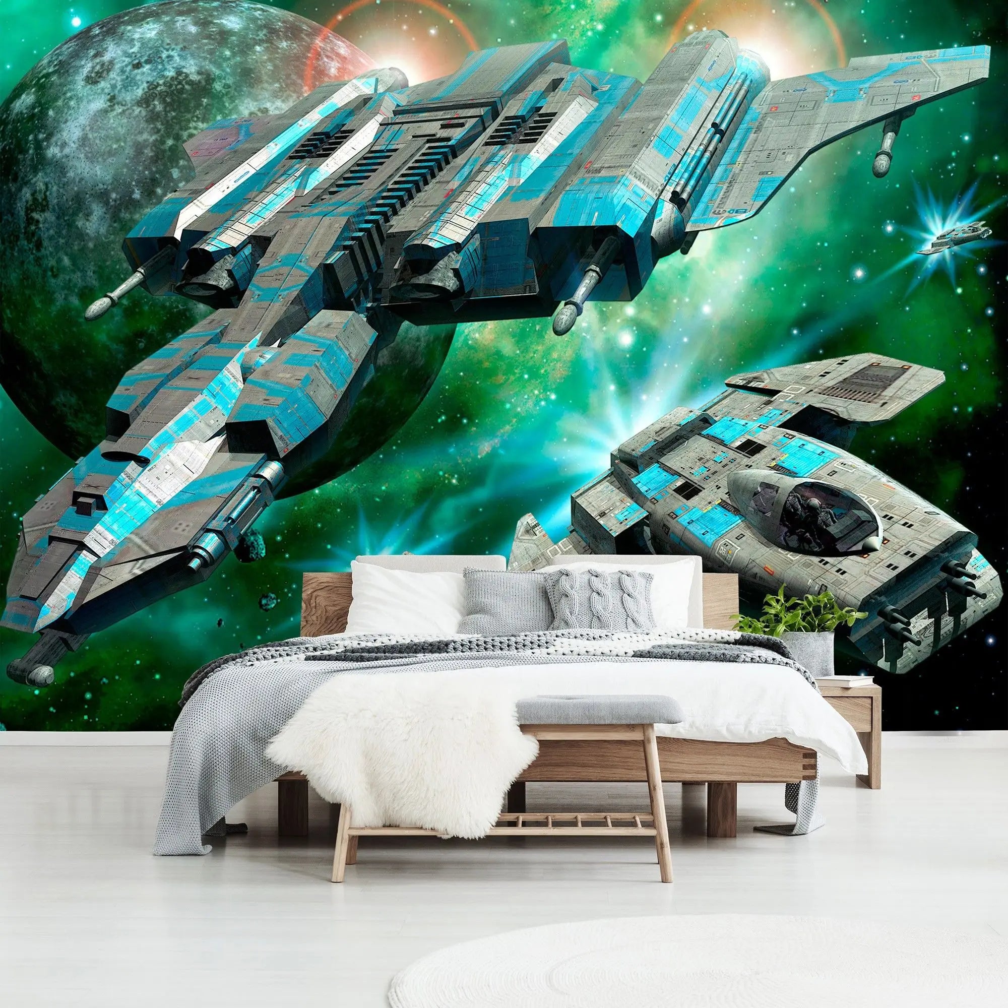 Billede 7 af Fototapet - Futuristiske rumskibe foran planet og stjerner i rummet