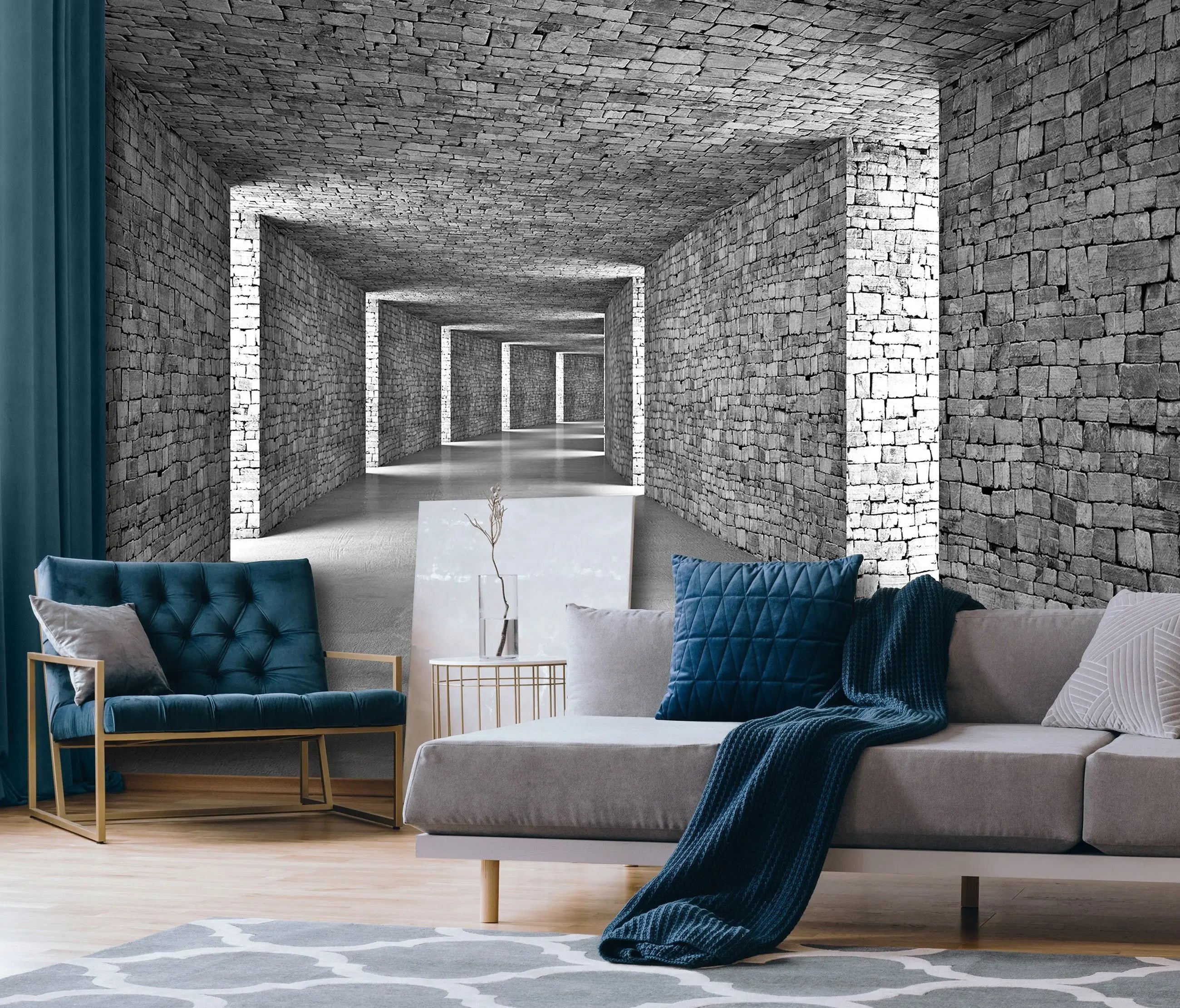 Billede 11 af Fototapet - Gang med hvælvede stenlofter og murstensvægge