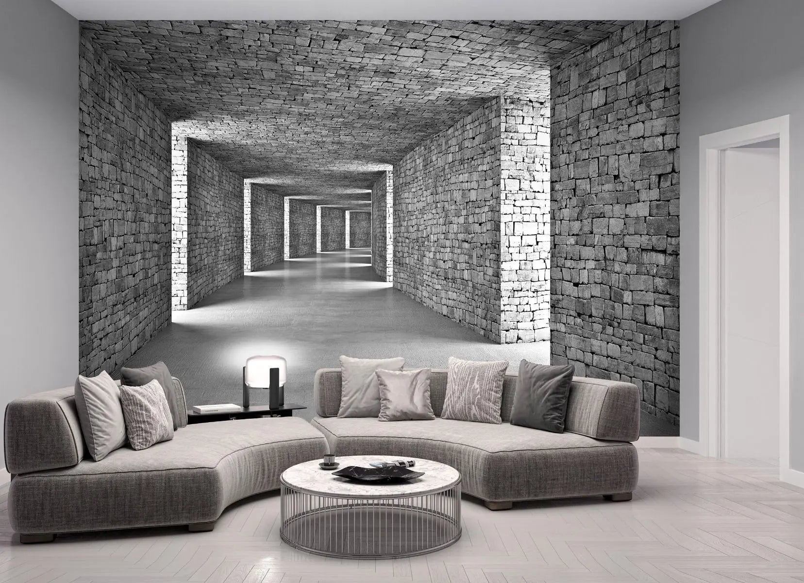 Billede 2 af Fototapet - Gang med hvælvede stenlofter og murstensvægge