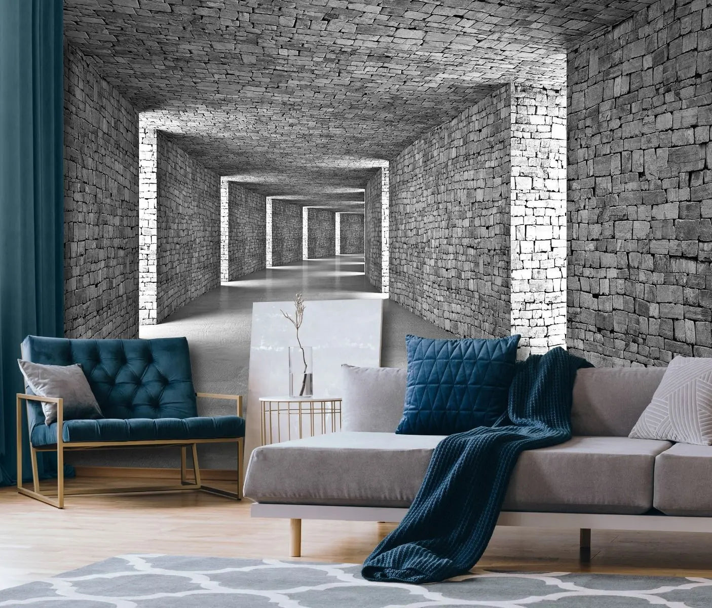 Billede 4 af Fototapet - Gang med hvælvede stenlofter og murstensvægge