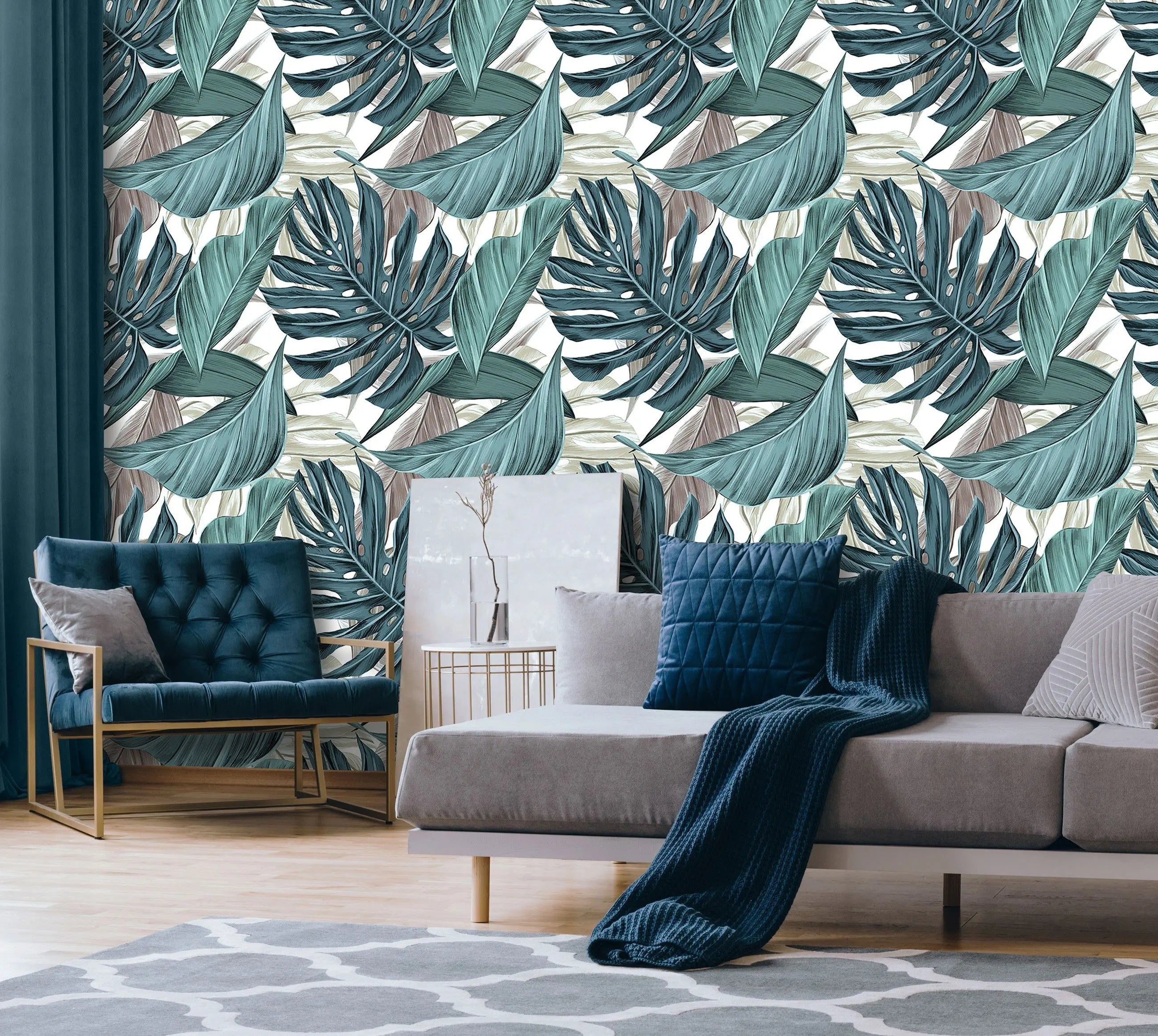 Billede 3 af Fototapet - Gentagende mønster med grønne monstera- og bananblade