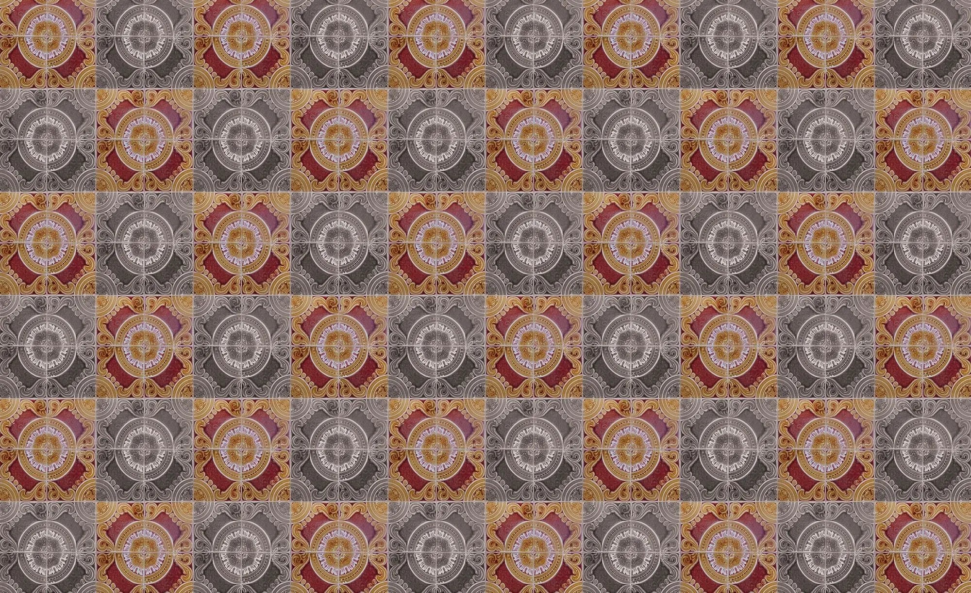 Billede 1 af Fototapet - Gentagende mønster med runde geometriske former i røde og grå toner